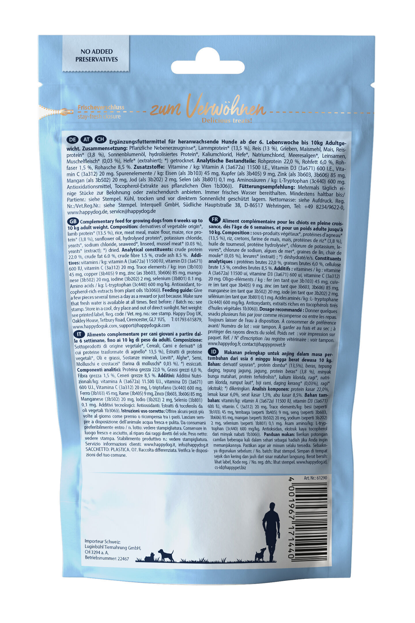 Hundeleckerli-Packung von Happydog mit Informationen auf mehreren Sprachen, dekoriert mit Silhouetten von Hund und Mensch unten. Enthält keine Konservierungsstoffe und bietet Fütterungshinweise sowie Inhaltsangaben.