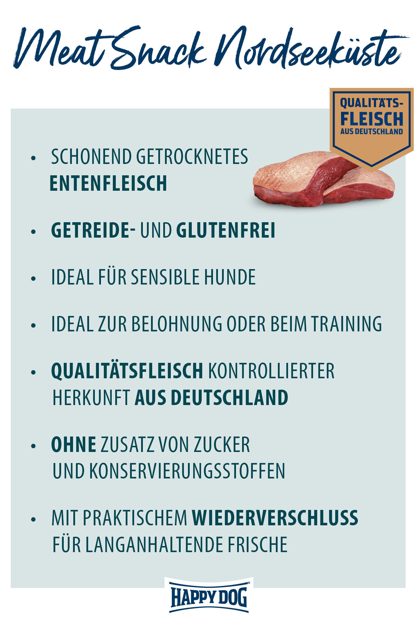 Plakat mit Produktinformationen zu Happydog Meat Snack Nordseeküste, zeigt Bild von Entenfleisch, markiert als getreide-, glutenfrei, ideal für sensible Hunde, ohne Zucker, Wiederververschluss, deutsches Qualitätsfleisch.