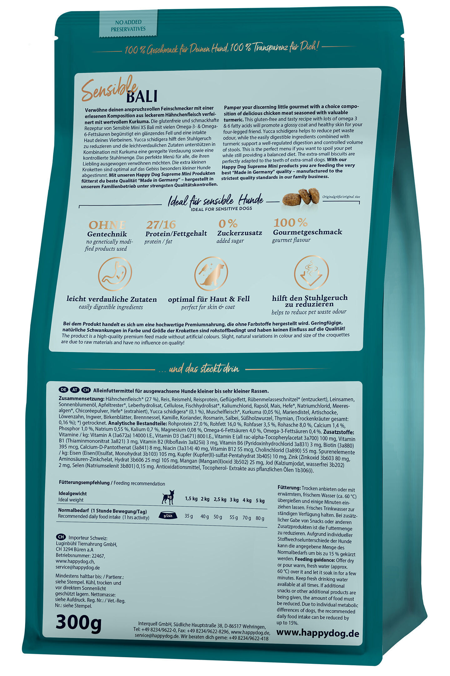 Die Verpackung zeigt HappyDog Sensible Bali Hundefutter mit Angaben zu Zutaten, Fütterungsempfehlungen und Herstellerinformationen. Enthält Hähnchenfleisch, Reis und spezielle Ernährungsfeatures.