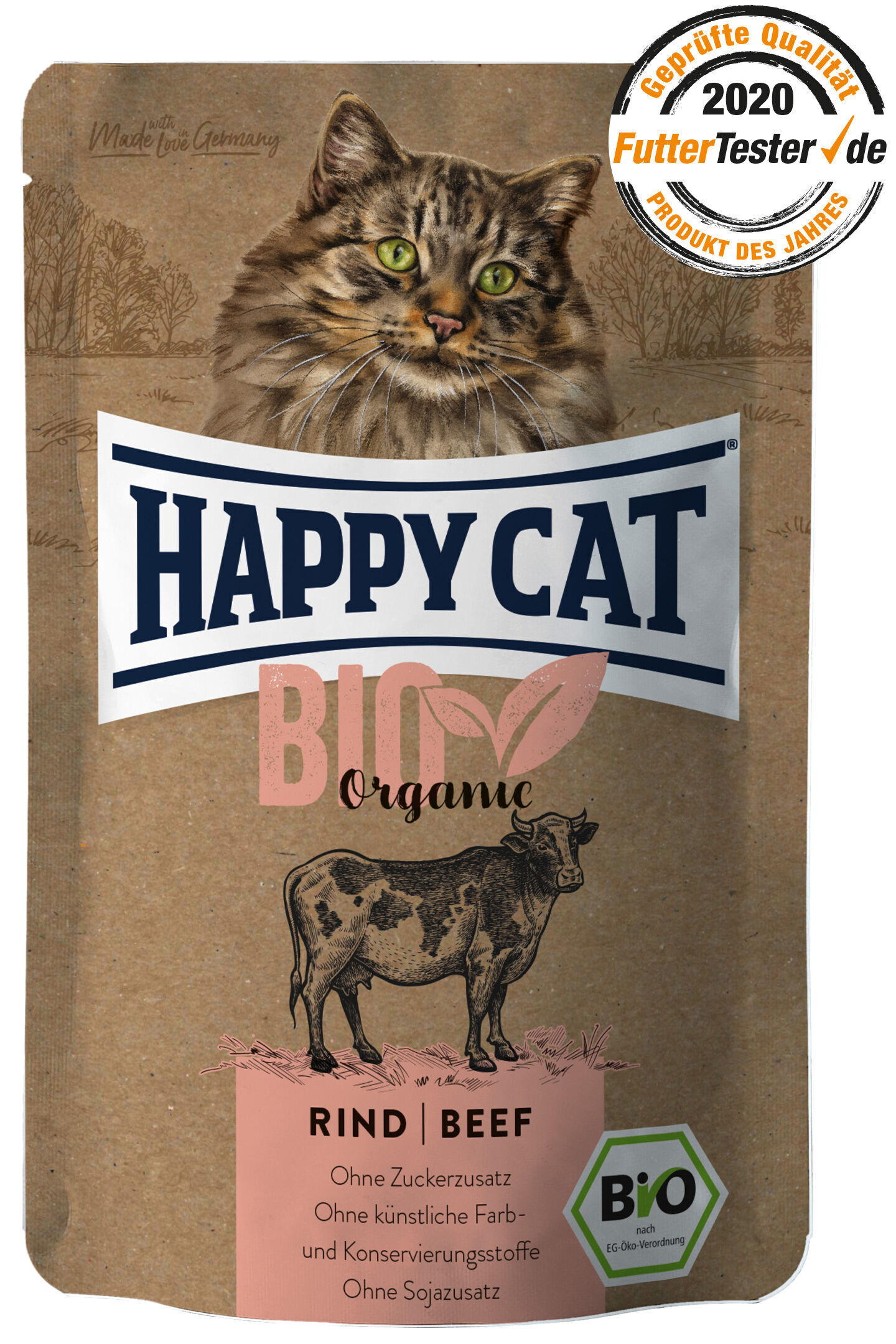 Verpackung für Happy Cat Bio Katzenfutter mit Rind, braun, Bild einer Katze und Kuh; Text: "Ohne Zuckerzusatz, ohne künstliche Farb- und Konservierungsstoffe, ohne Sojazusatz".