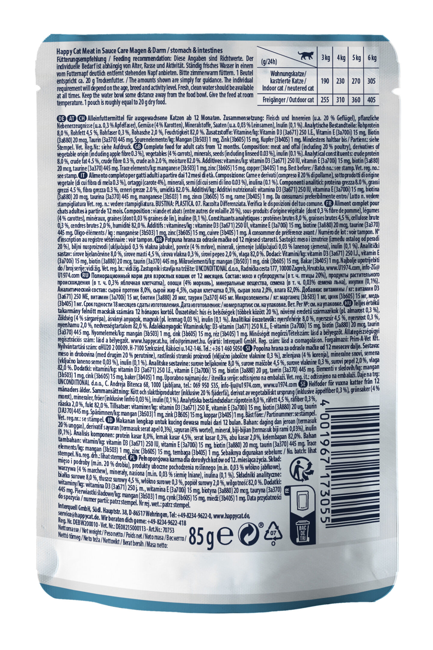 Die Verpackung zeigt die Rückseite eines Happy Cat Nassfutters mit Angaben zu Zusammensetzung, Fütterungsempfehlungen und Nährwerten in mehreren Sprachen. Enthält 85 g Inhalt.