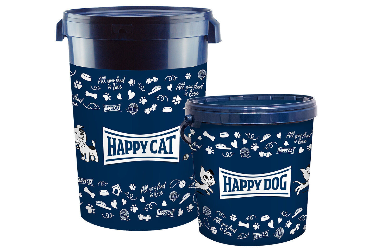 Zwei blaue Eimer mit Aufschriften "HAPPY CAT" und "HAPPY DOG", verziert mit Tiermotiven und dem Text "All you feed is love".