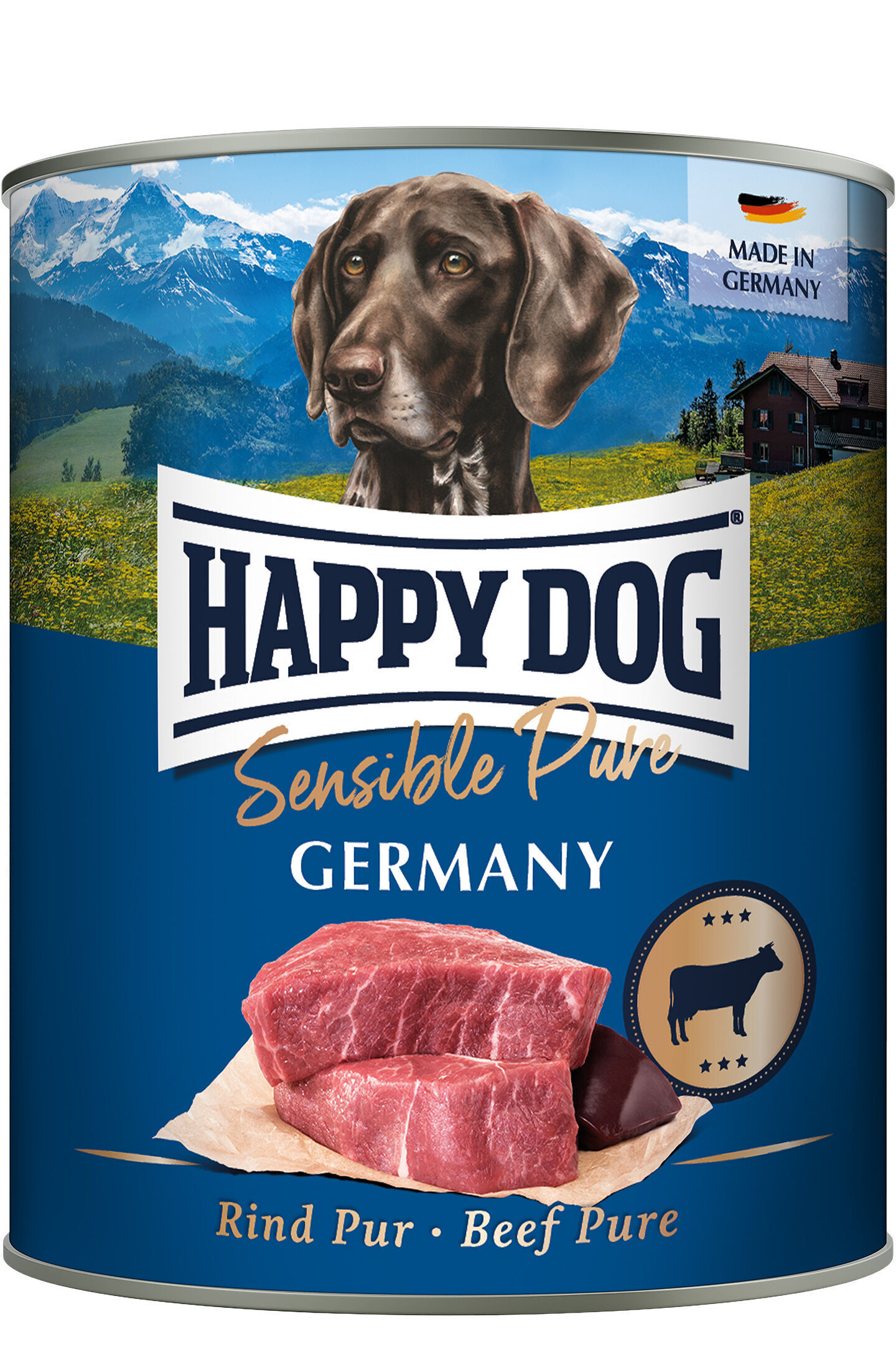 Hundefutterdose mit Hundeporträt, Alpenszenerie im Hintergrund. Text: "HAPPY DOG Sensible Pure GERMANY Rind Pur · Beef Pure". Label "MADE IN GERMANY" oben rechts.