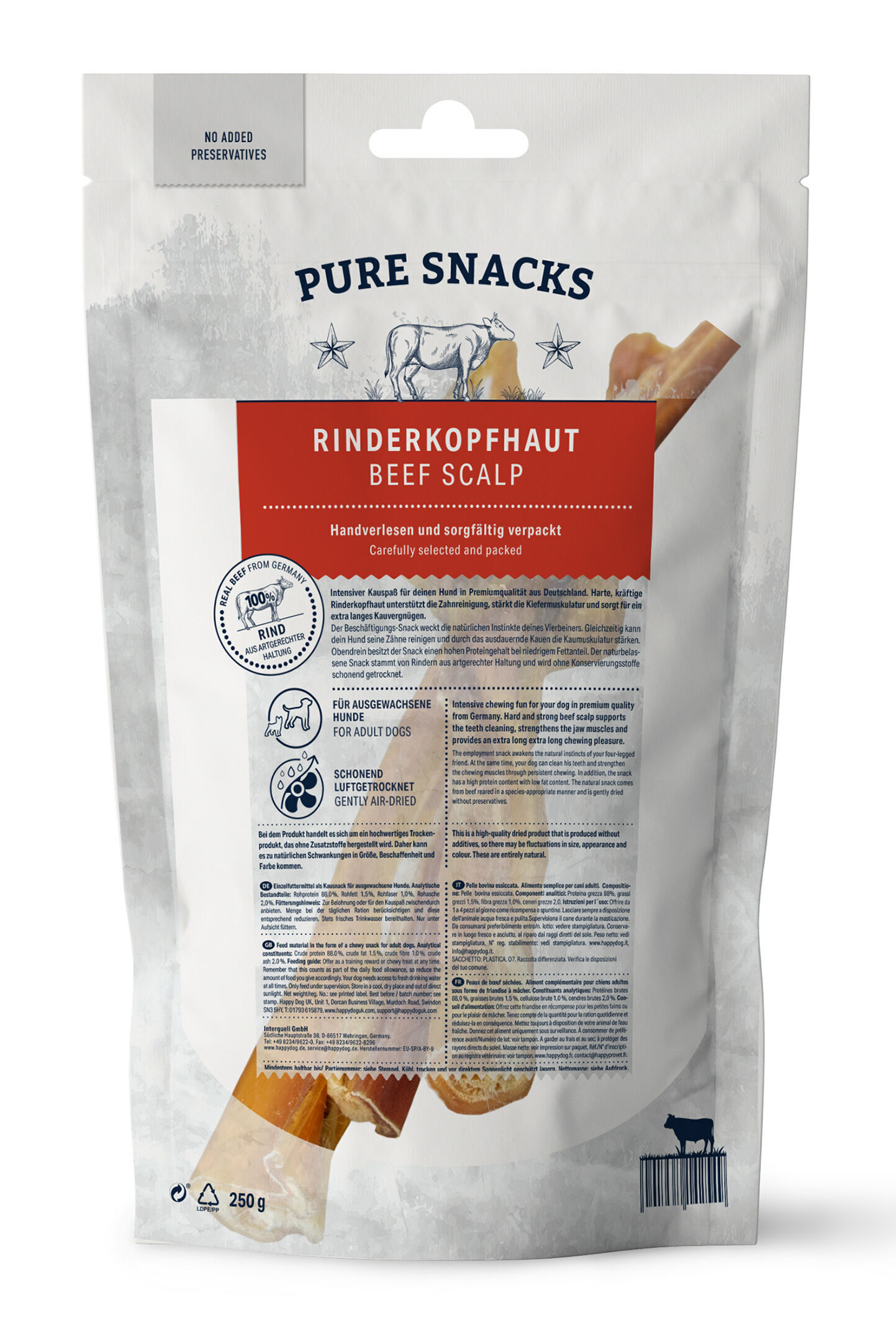 Eine Verpackung für Hundesnacks namens "Pure Snacks Rinderkopfhaut". Der Beutel enthält 250g luftgetrocknete Rinderkopfhaut, handverlesen, für ausgewachsene Hunde. Keine Konservierungsstoffe.