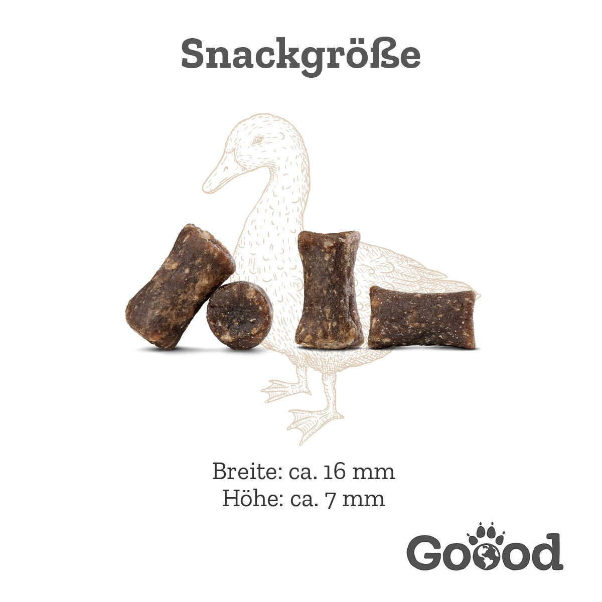 Vier braune Hundesnacks vor weißem Hintergrund; sie liegen neben der Illustration einer Ente. Text: Snackgröße. Breite: ca. 16 mm, Höhe: ca. 7 mm. Marke: Goood.