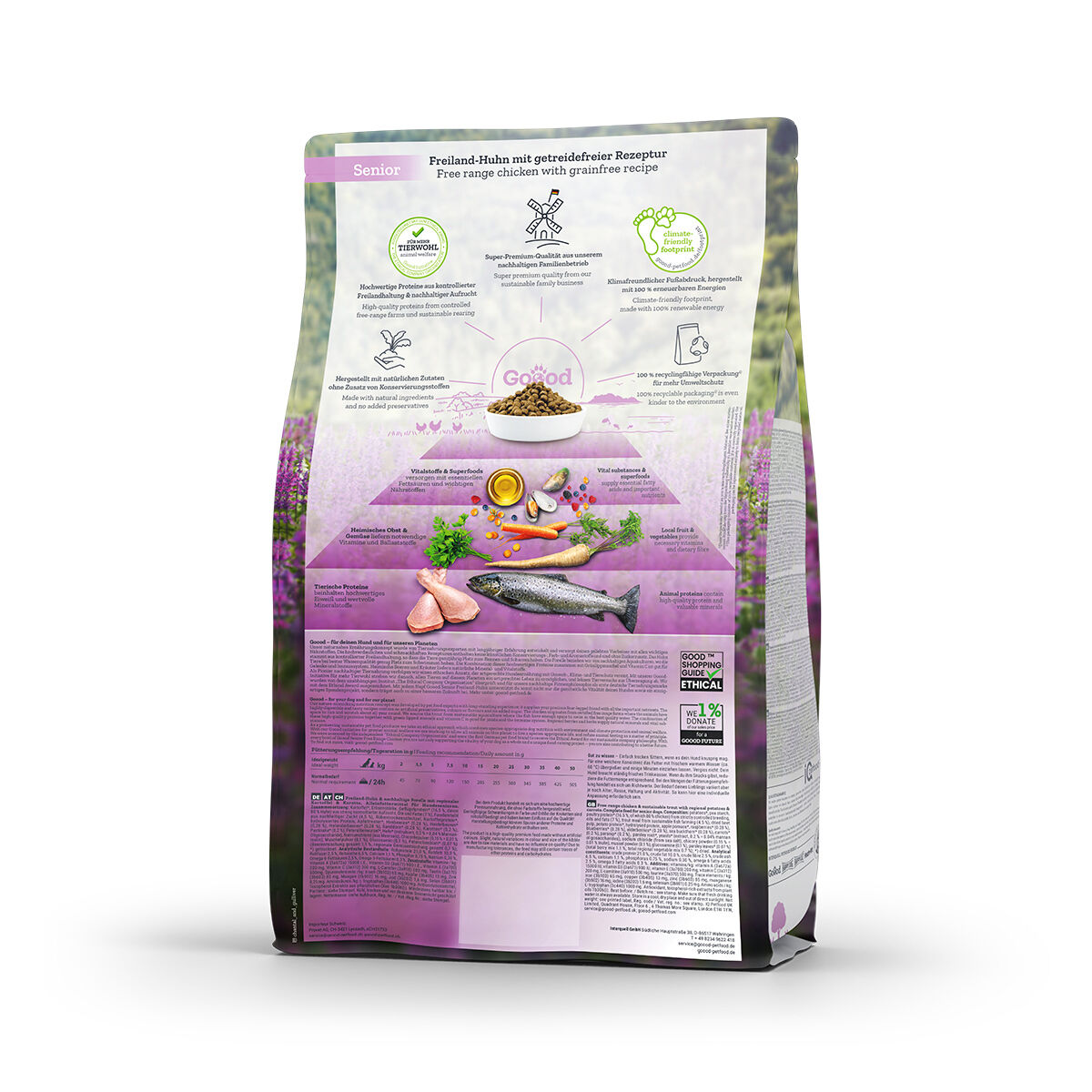 Eine Packung Senior-Hundefutter mit Freiland-Huhn und getreidefreier Rezeptur, verziert mit Bildern von Zutaten und Beschreibungen der Inhaltsstoffe auf lavendelfarbenem Hintergrund.