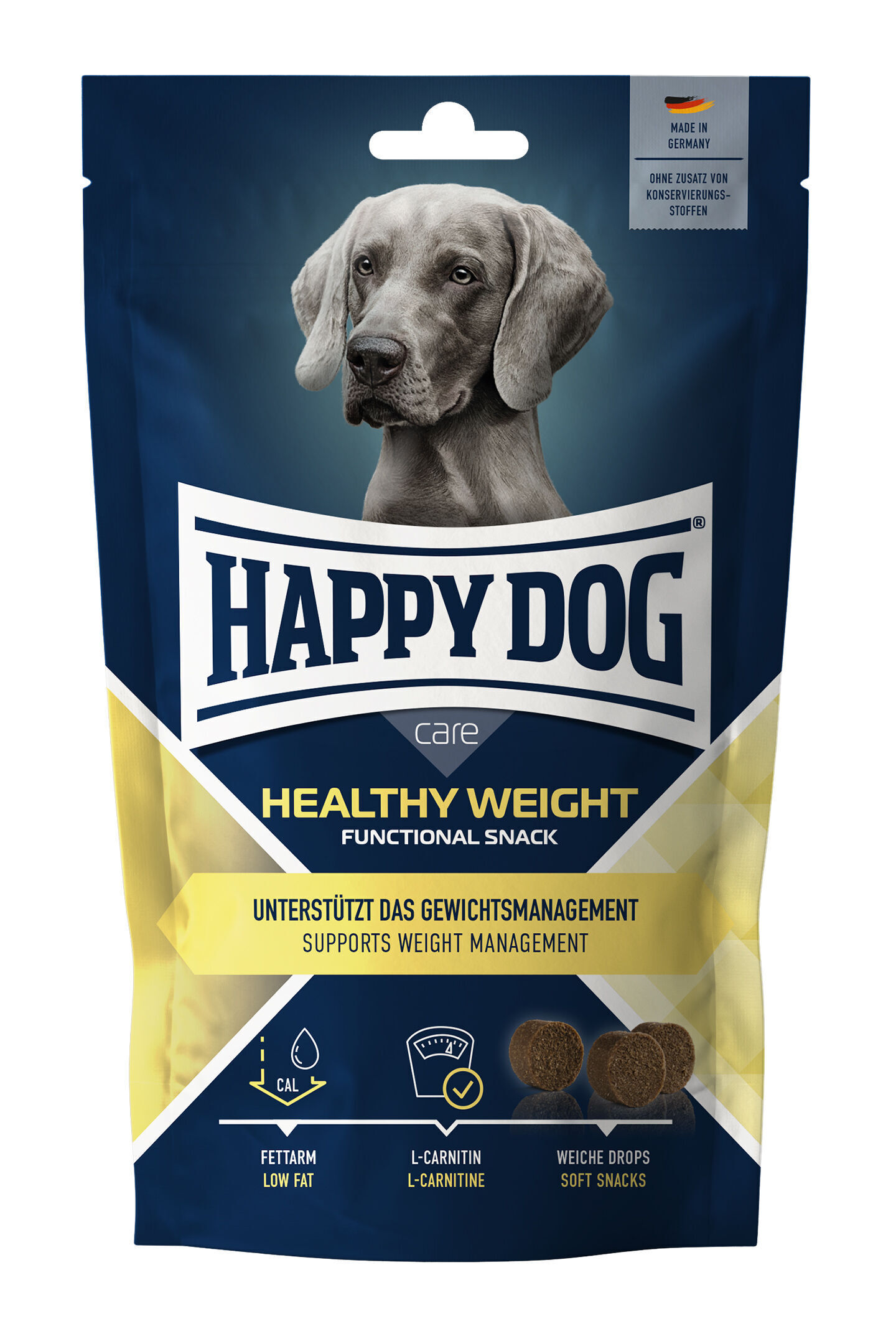 Care Snack Healthy Weight Verpackung mit Hundebild, Markennamen Happydog und Text: „Healthy Weight Functional Snack, unterstützt das Gewichtsmanagement, fettarm, L-Carnitin, weiche Drops, Made in Germany, ohne Zusatz von Konservierungsstoffen.“