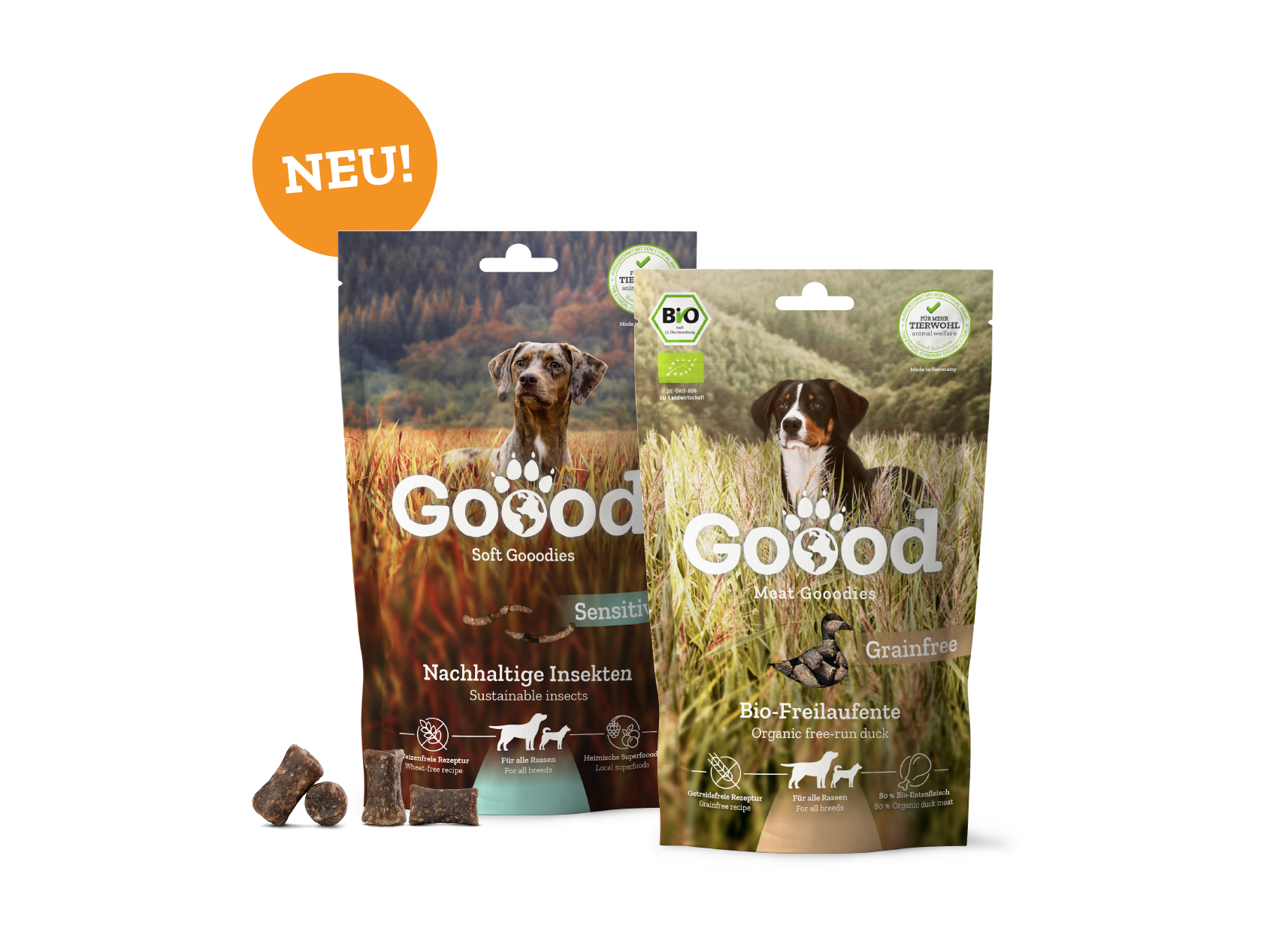 Produktverpackungen von zwei Goood Hundesnacks, welche es Neu gibt.