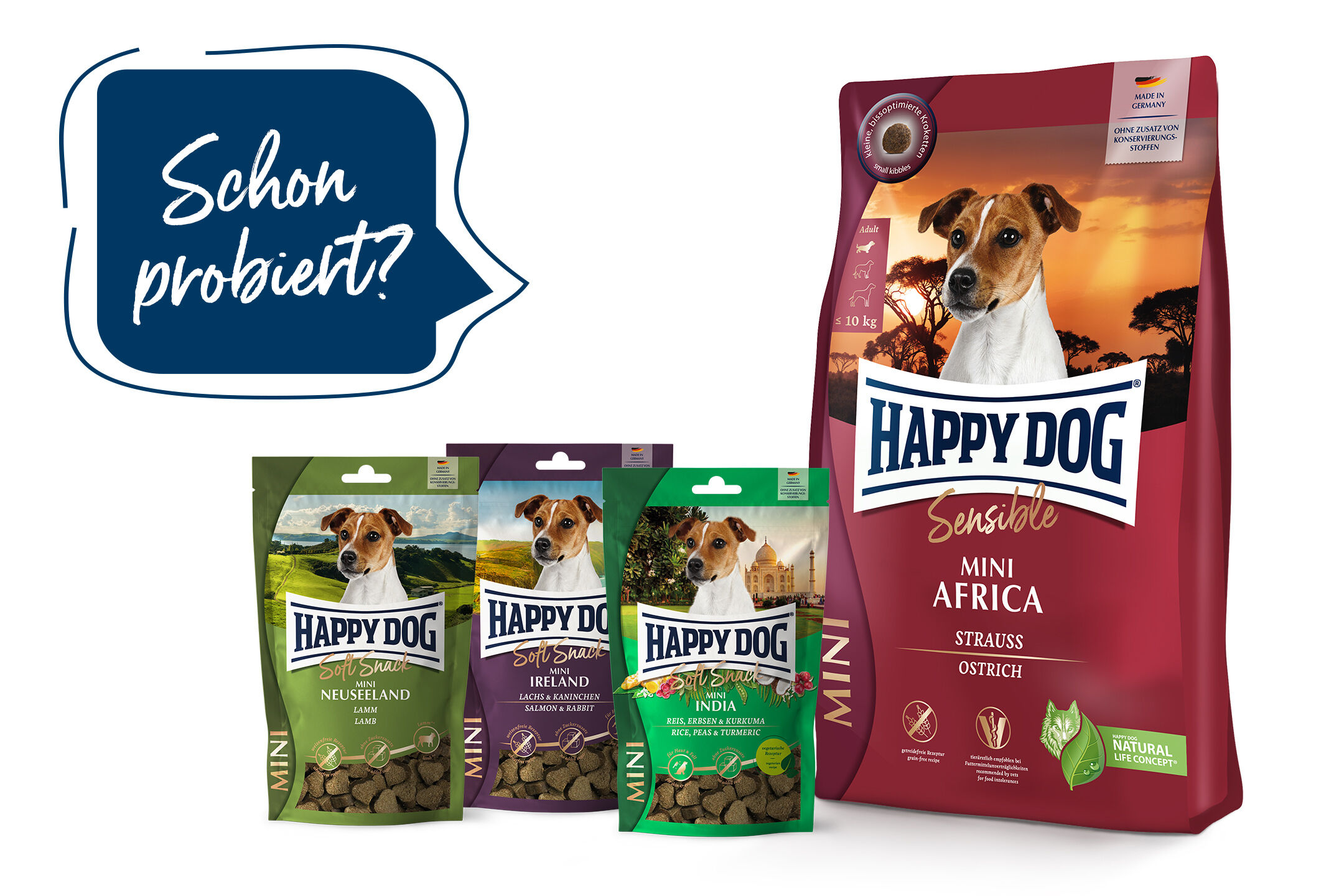 Hundetrockenfutter von Happydog in verschiedenen Geschmacksrichtungen. Große und kleine Tüten nebeneinander. Text: "Schon probiert?".