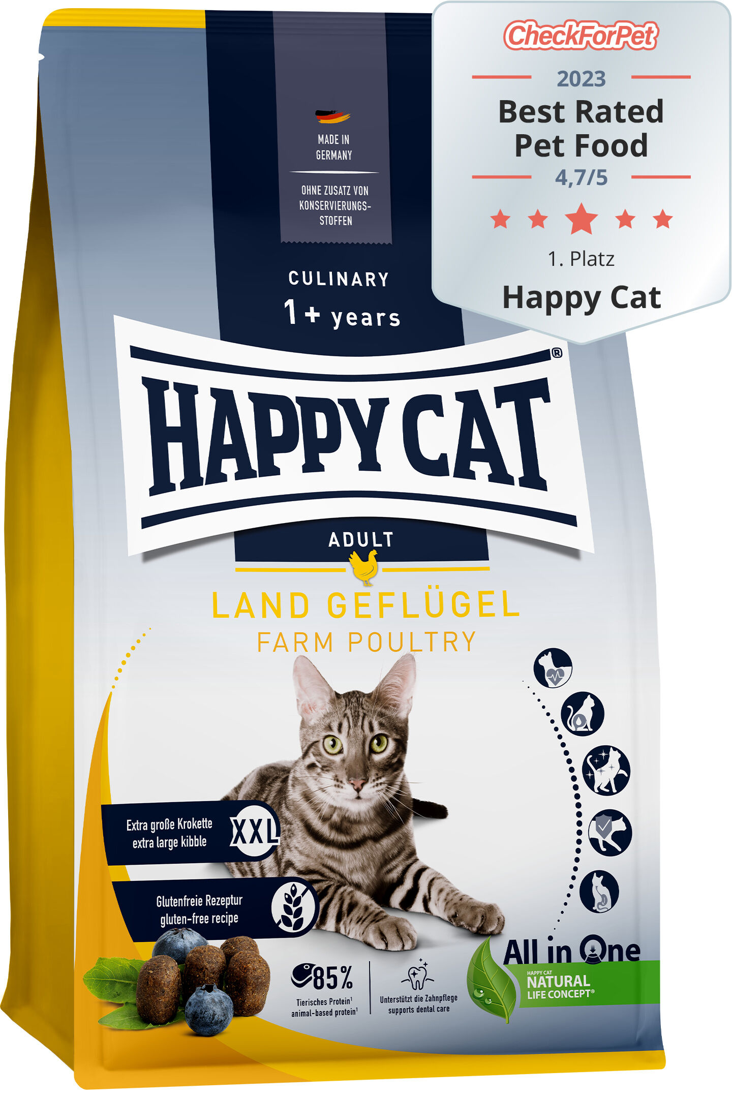 Verpackung für Katzenfutter von Happy Cat, betitelt "Land Geflügel"; zeichnet sich durch glutenfreie Rezeptur und extra große Kroketten aus; enthält Abbildungen von Katzen. Text: "CheckForPet 2023 Best Rated Pet Food 4,7/5 1. Platz Happy Cat".