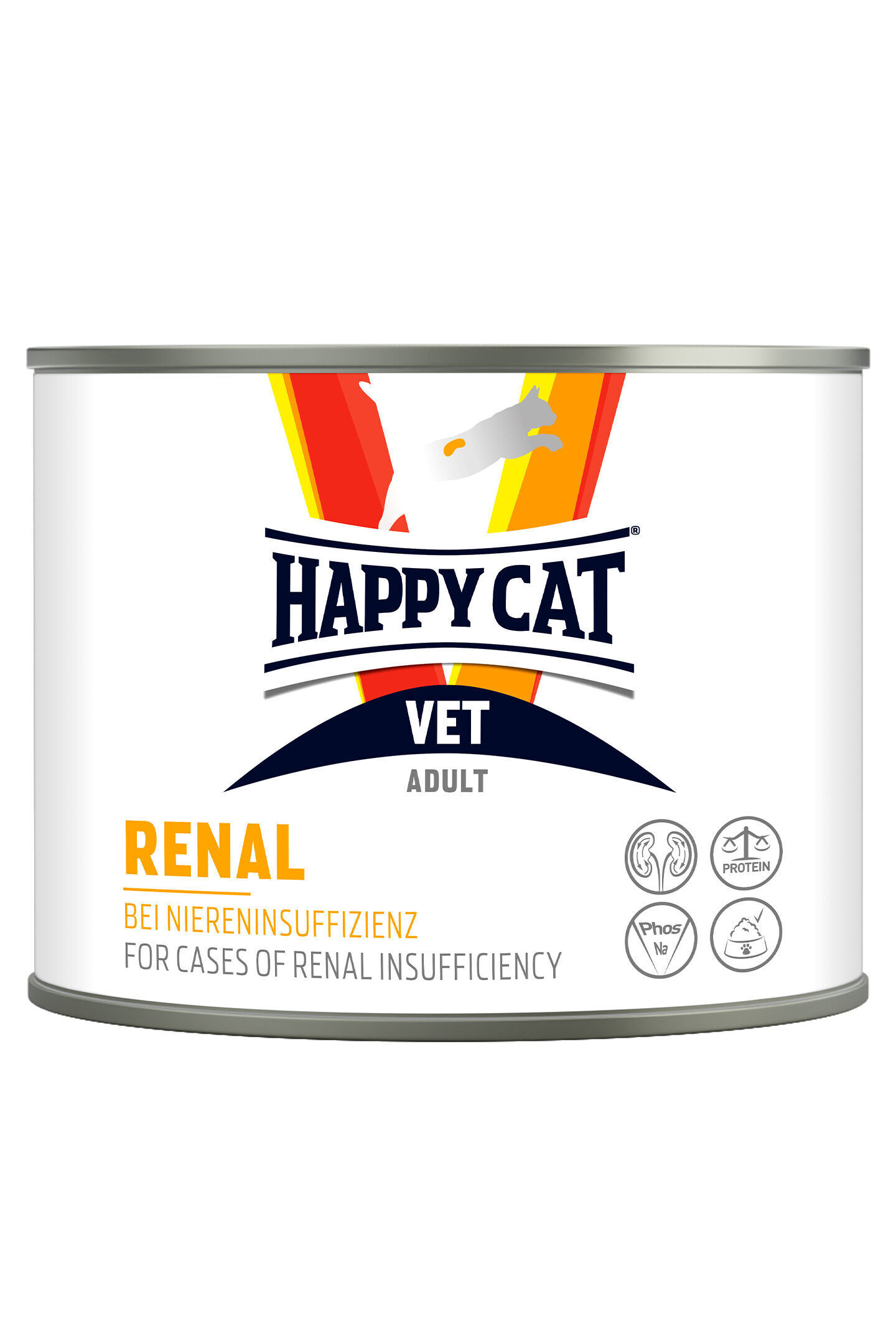VET Diät Renal nass Dose Heimtierfutter von Happy Cat mit der Aufschrift „RENAL BEI NIERENINSUFFIZIENZ FOR CASES OF RENAL INSUFFICIENCY“. Geeignet für Katzen mit Nierenproblemen.