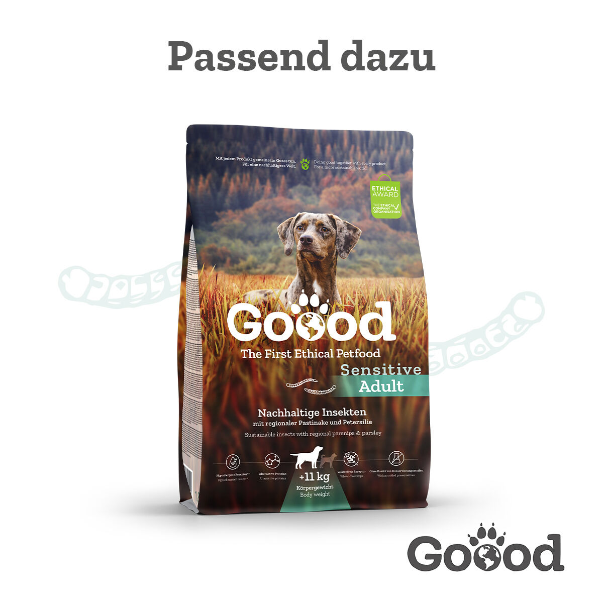 Hundefutterpackung Goood mit Bild eines Hundes in einer Landschaft, Text: „Passend dazu“, „Nachhaltige Insekten“, „Sensitive Adult“. Verpackung lobt ethische und nachhaltige Qualität.