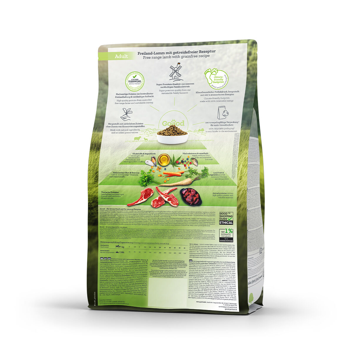 Eine Verpackung für Tierfutter, zeigt Lammfleisch und Gemüse als Zutaten. Text beschreibt "Freiland-Lamm mit getreidefreier Rezeptur", "Adult", mit Details zu Inhaltsstoffen und Nachhaltigkeit.