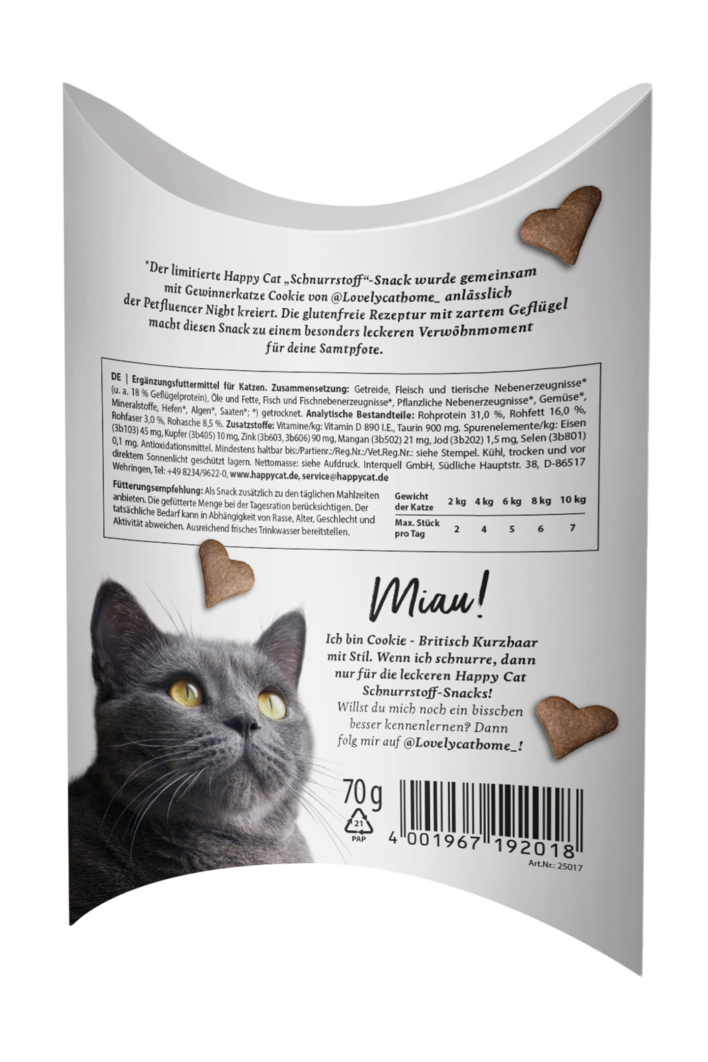 Rückseite der Verpackung des Schnurrstoff Crunchy Snack von Happy Cat