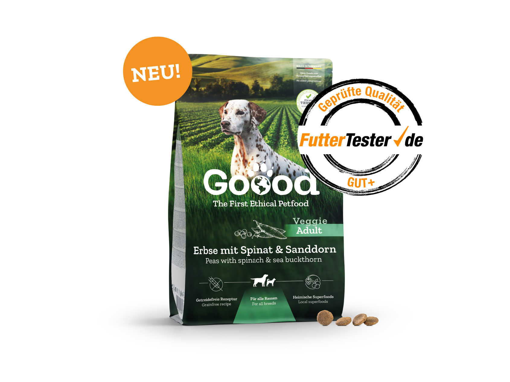 Produktverpackung vom neuen Goood Veggie Trockenfutter, ausgezeichnet mit dem FutterTester Siegel mit der Note Gut Plus.
