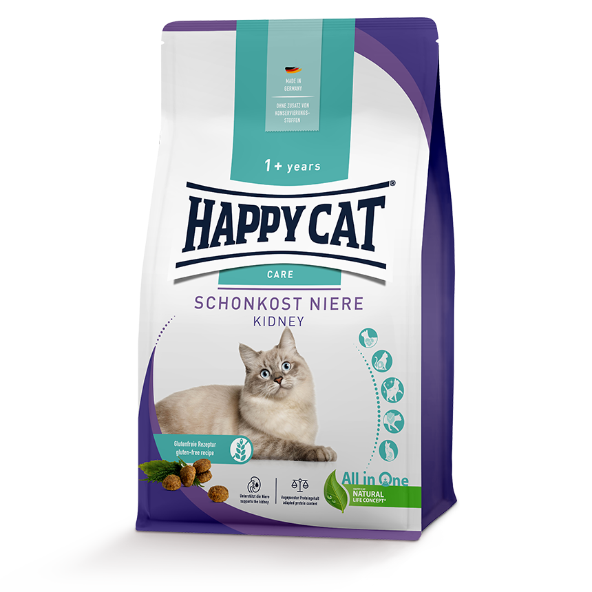 Trockenfutterpackung der Sorte Happy Cat Care Schonkost Niere für Katzen mit Nierenproblemen