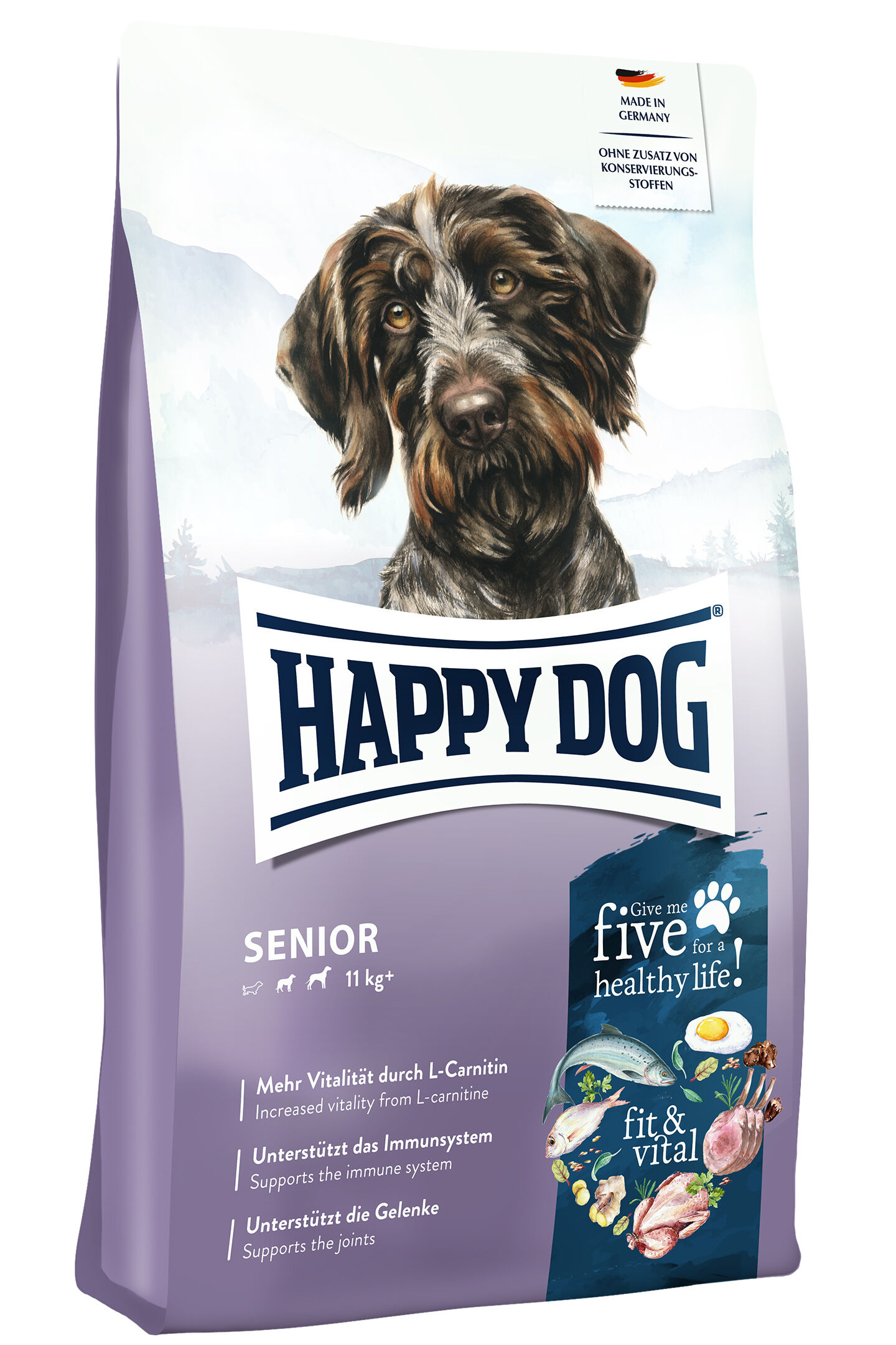 Verpackung für Hunde-Trockenfutter "Happy Dog Senior" mit Hundebild. Text: „Ohne Zusatz von Konservierungsstoffen“, „Mehr Vitalität“, „Unterstützt das Immunsystem und die Gelenke“, „Made in Germany“.