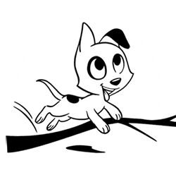 Karikatur eines Hundes, der über einen Ast springt