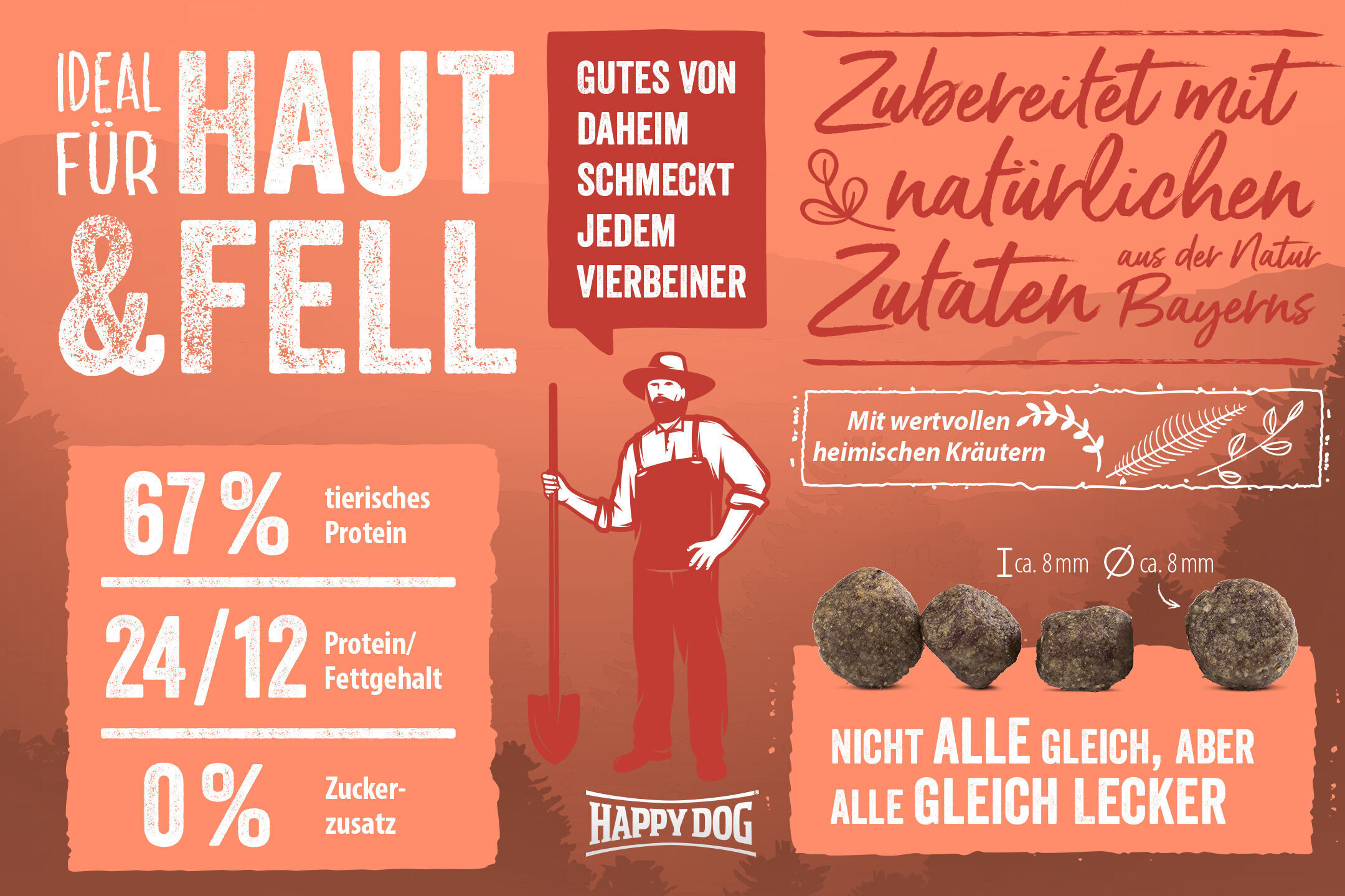 Illustration eines Mannes mit Schaufel, daneben Text: „Ideal für Haut & Fell, 67% tierisches Protein, 24/12 Protein/Fettgehalt, 0% Zuckerzusatz, Happydog“. Runder Brocken dargestellt.