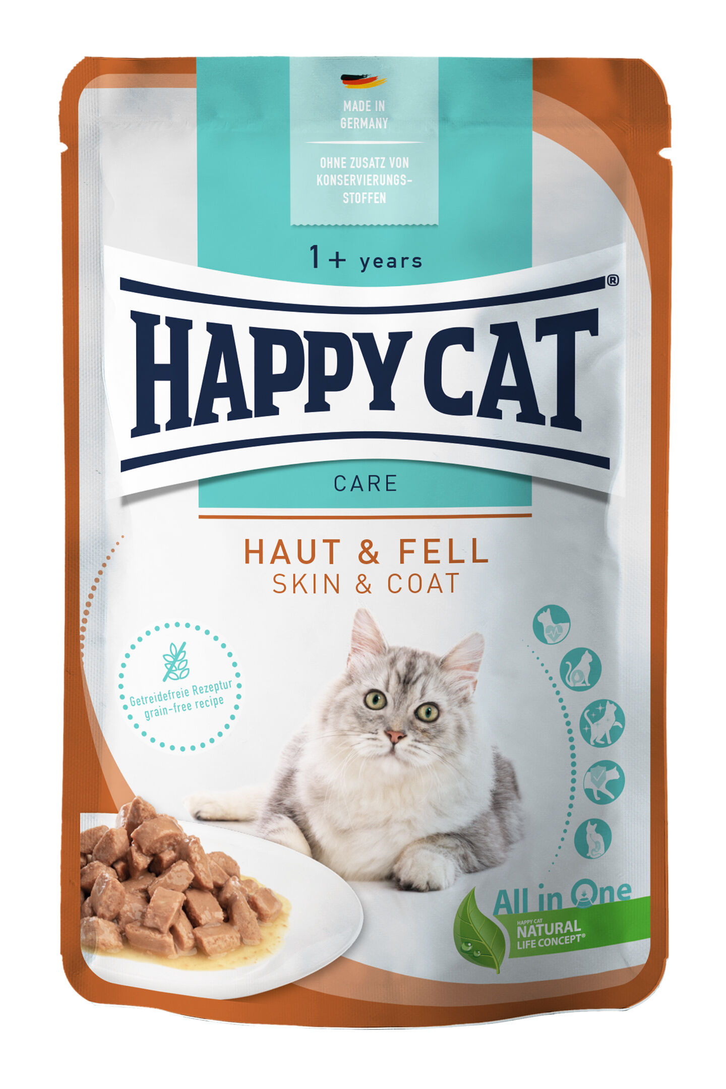 Verpackung für Katzenfutter von Happydog, Haupttext: "Happy Cat Care Haut & Fell", Bild einer Katze, getreidefrei, hergestellt in Deutschland, enthält keine Zusatzstoffe.
