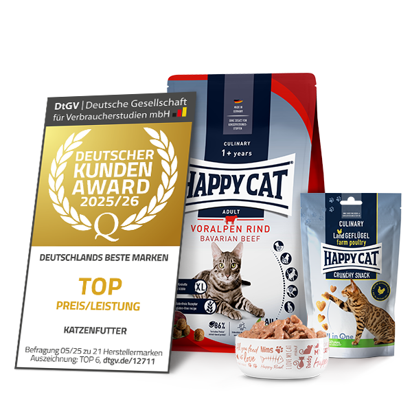 Happy Cat Futter neben Siegel zur Auszeichnung mit Deutschem Kunden-Award 2025
