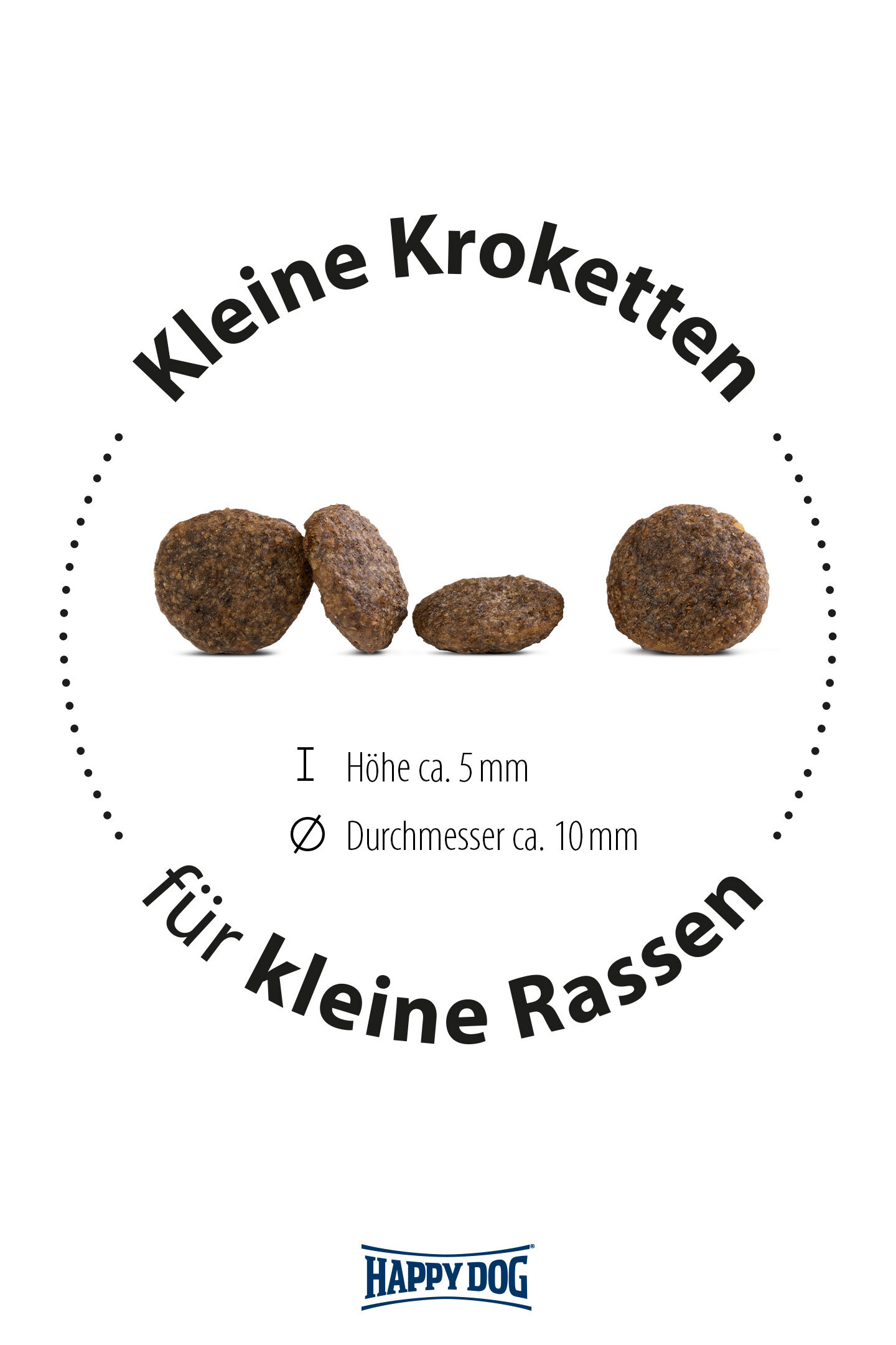 Drei braune Kroketten, beschriftet mit "Kleine Kroketten für kleine Rassen." Maße: Höhe ca. 5 mm, Durchmesser ca. 10 mm. Happydog-Logo unten.