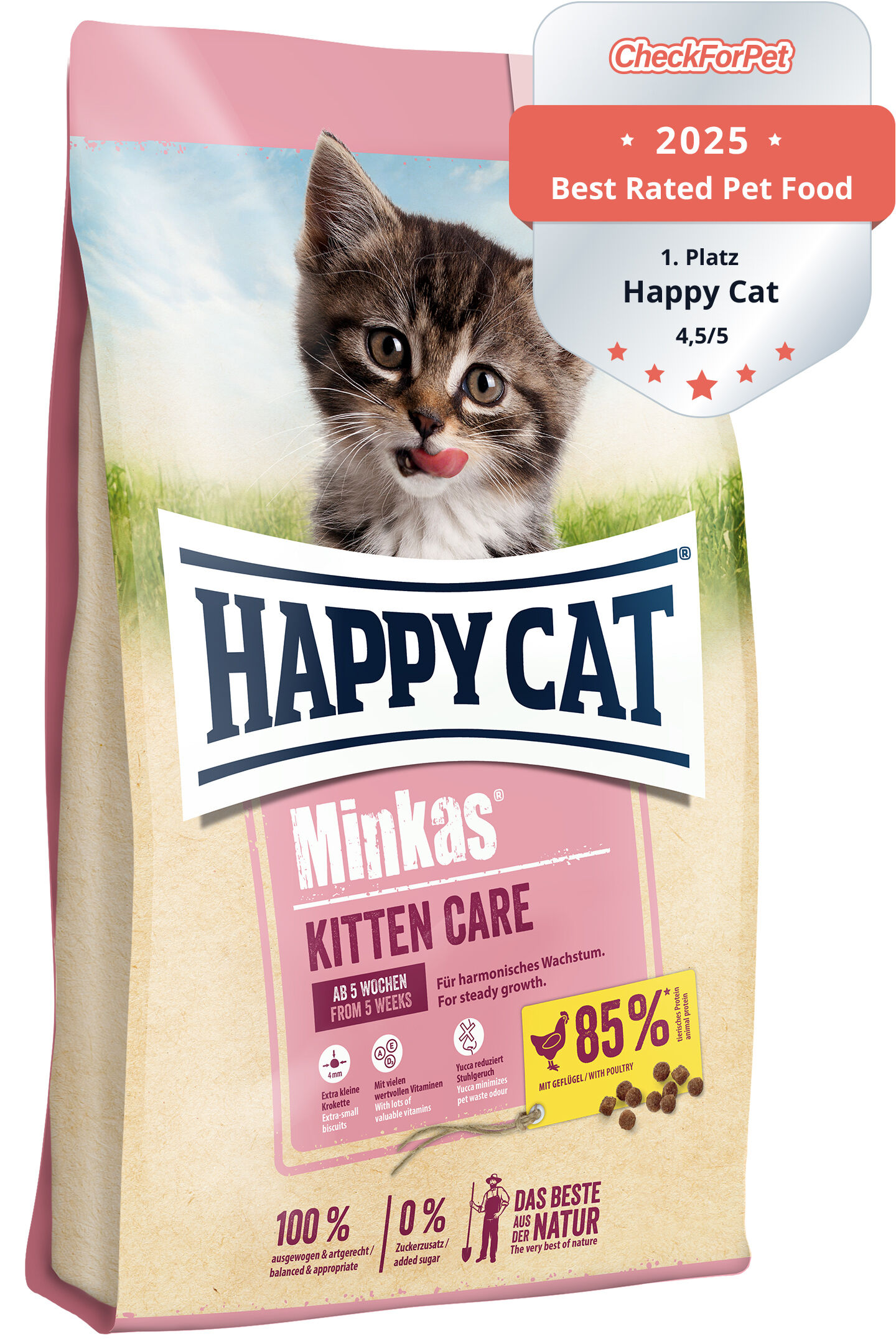 Eine Packung Katzenfutter von Happy Cat, speziell für Kätzchen, mit einem „Best Rated Pet Food“ Siegel. Zeigt ein Kätzchen auf der Verpackung.