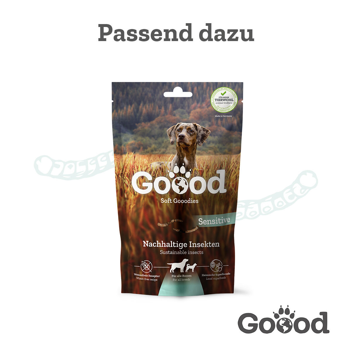 Verpackung von Goood Soft Goodies für Hunde zeigt Hund in Feld, enthält Text „Nachhaltige Insekten“ und „Passend dazu“, mit Informationen zu Inhaltsstoffen und Eigenschaften.