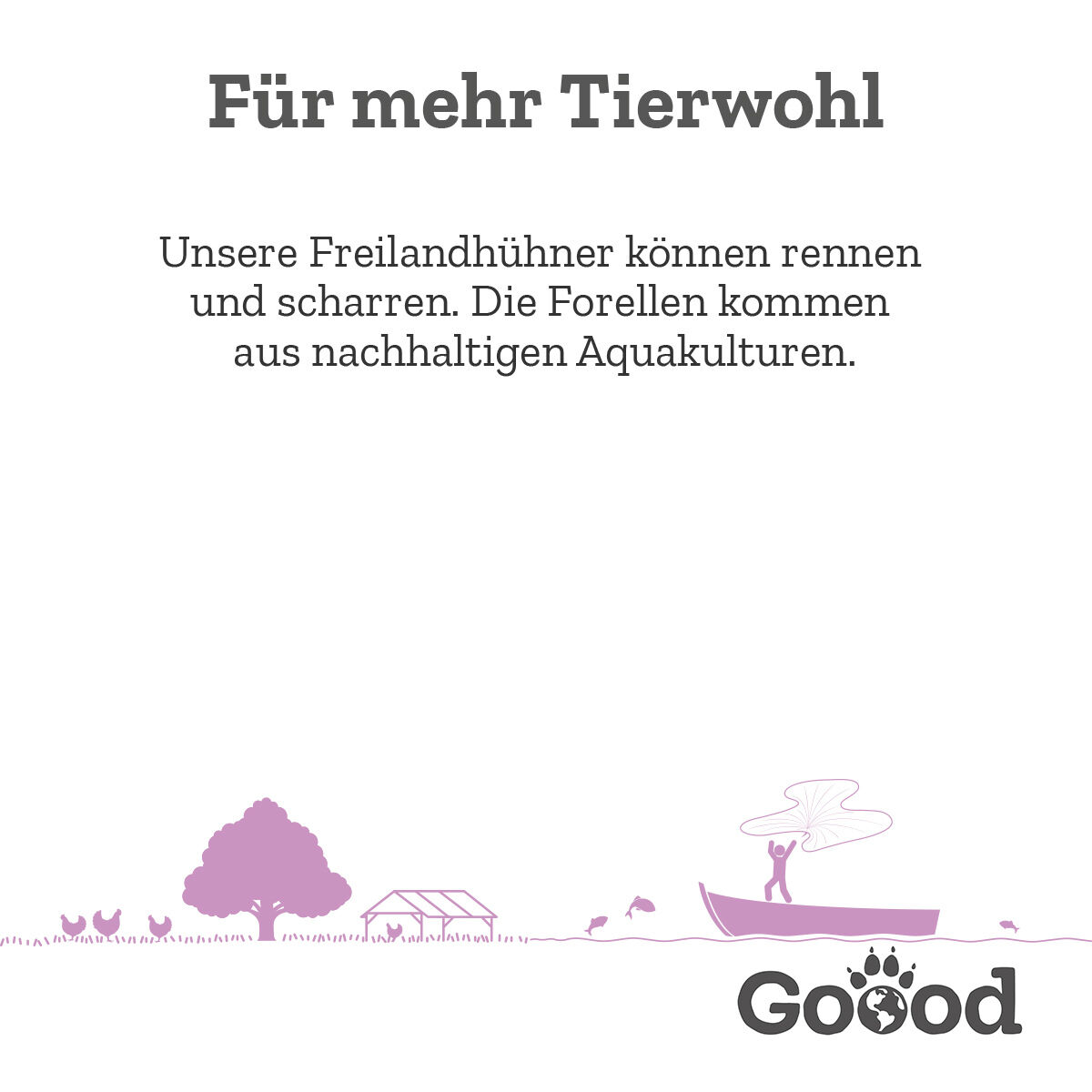 Text auf dem Bild: „Für mehr Tierwohl. Unsere Freilandhühner können rennen und scharren. Die Forellen kommen aus nachhaltigen Aquakulturen.“ Unten sind stilisierte Tiere und ein Baum abgebildet.