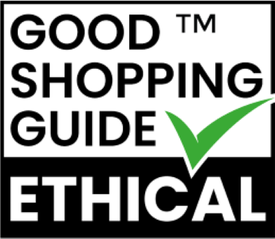 Schwarz-weißes Siegel mit Text "GOOD SHOPPING GUIDE ETHICAL", grünem Häkchen.