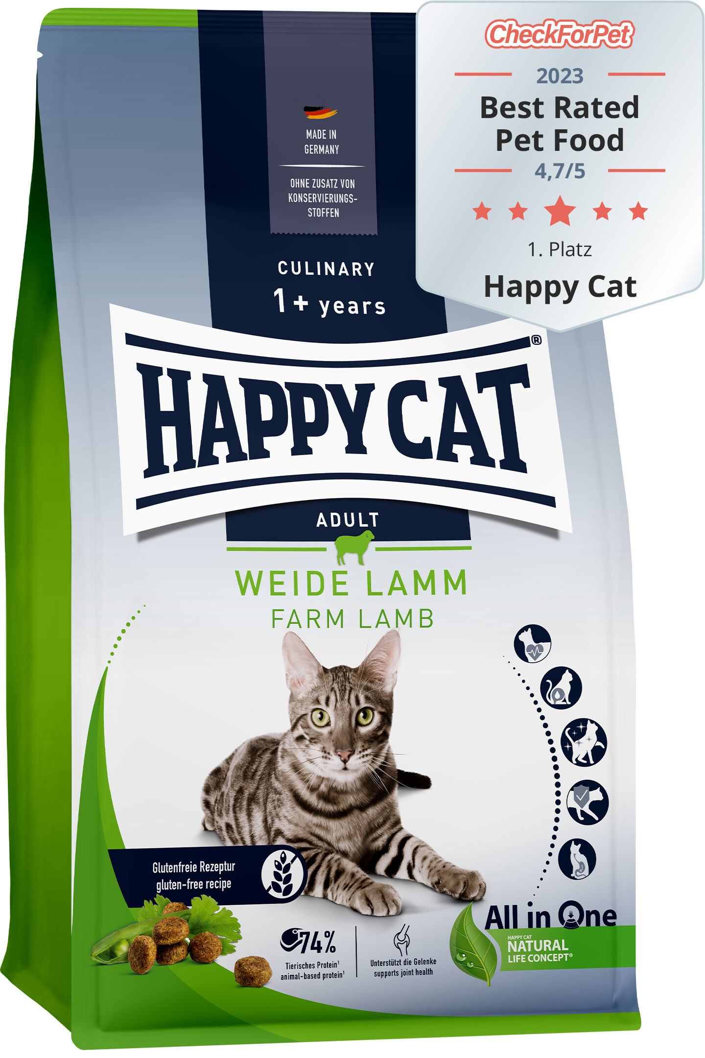 Verpackung von "Happy Cat" Trockenfutter, Weide Lamm, für erwachsene Katzen; glutenfrei, 74% tierisches Protein. Auszeichnung: CheckForPet 2023, Best Rated Pet Food 4,7/5.