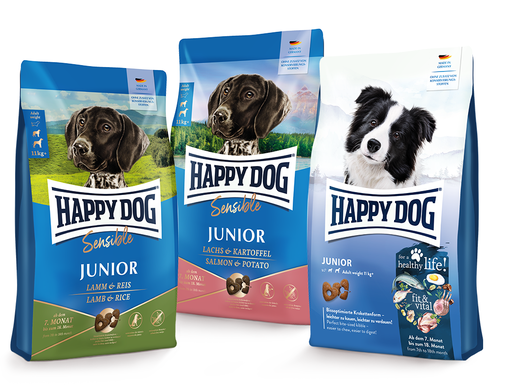 Für Junior geeignete Produktverpackungen von Happy Dog.