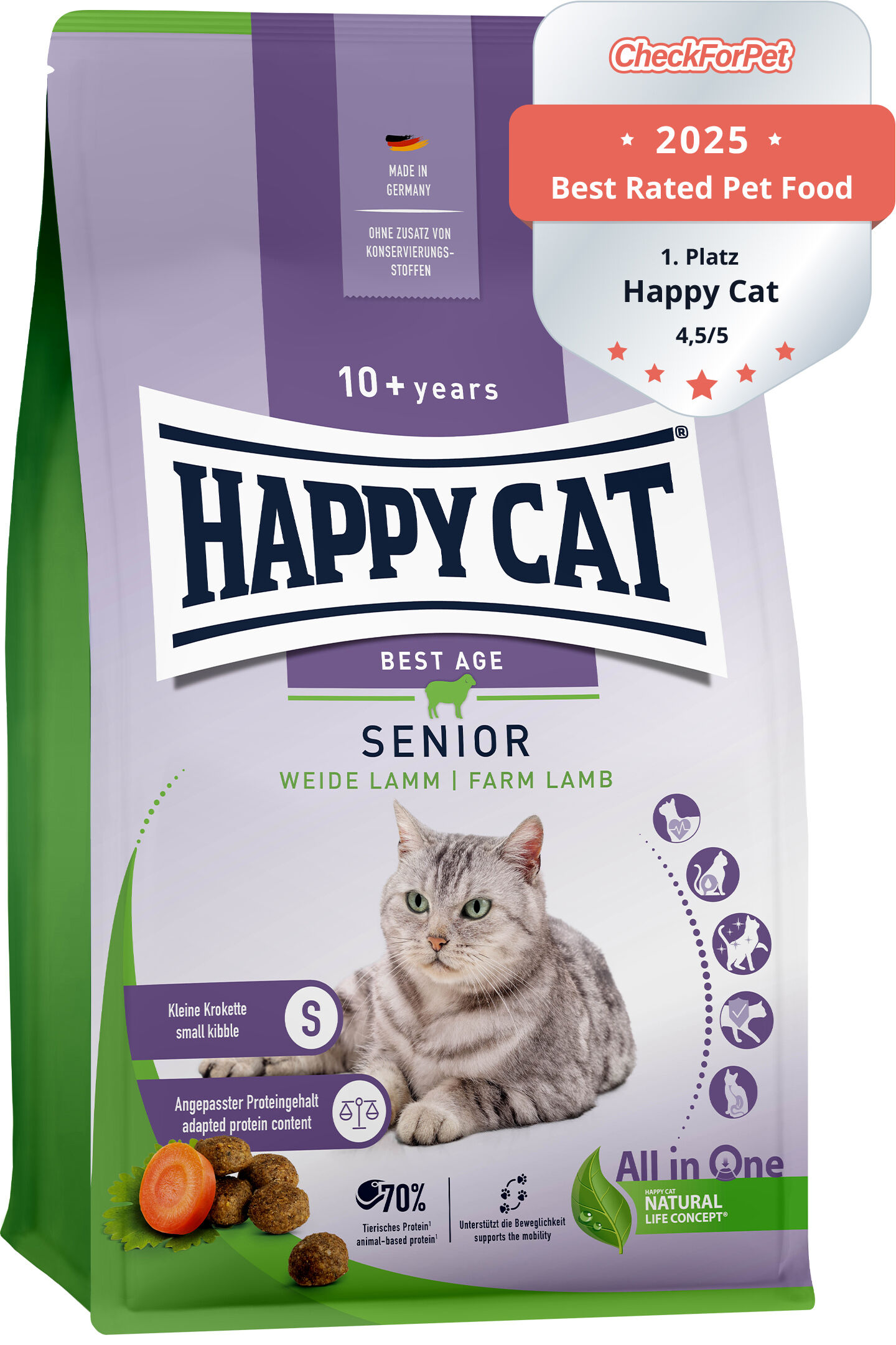 Verpackung für Katzennahrung "Happy Cat Senior", Geschmacksrichtung Weide Lamm, mit Auszeichnung "CheckForPet 2023 Best Rated Pet Food 4,7/5". Enthält Bild einer grauen Katze.