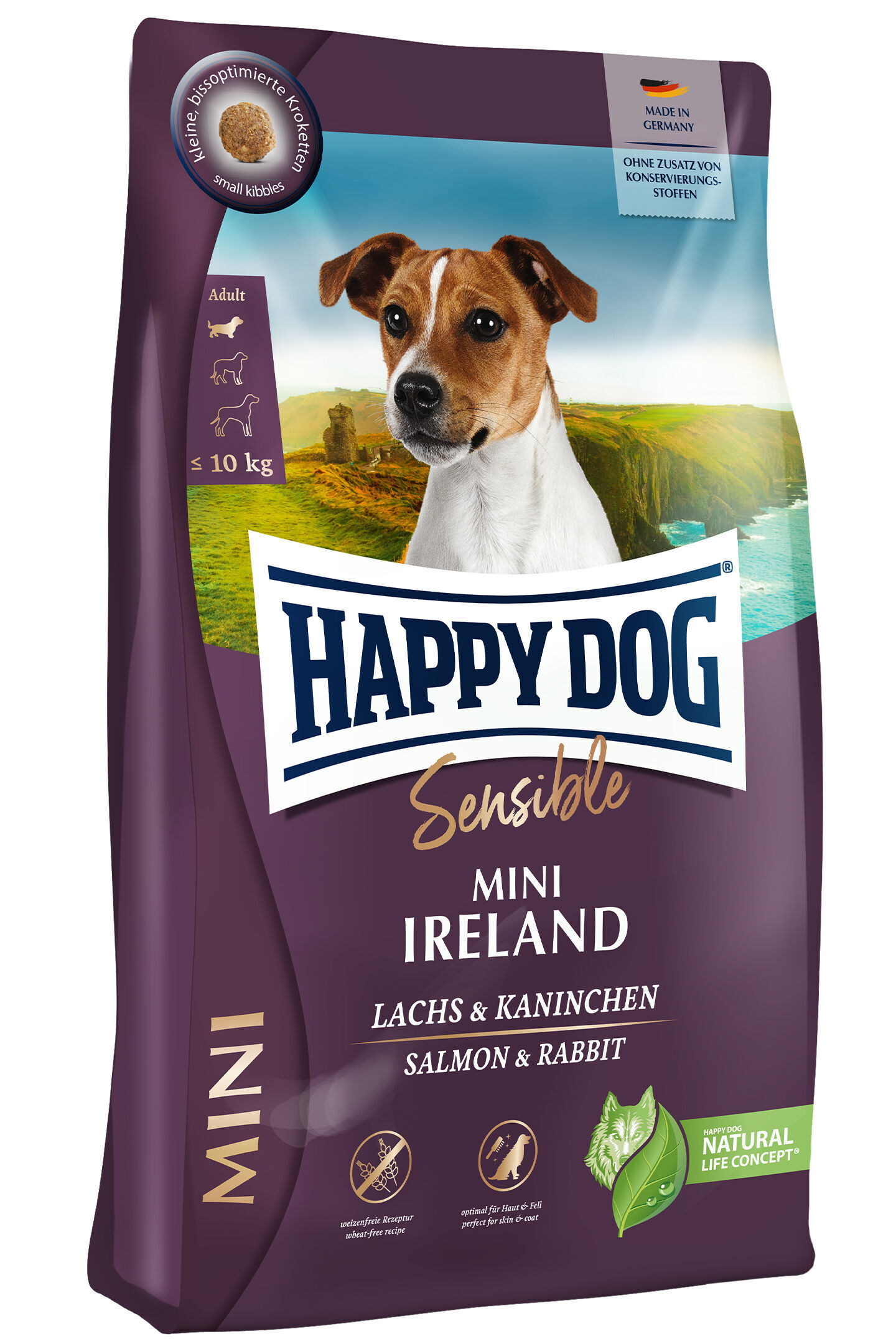 Hundefutter-Verpackung „Happydog“ in Lila zeigt einen Hund, enthält Text: „Sensible Mini Ireland Lachs & Kaninchen“, „Made in Germany“, „ohne Zusatz von Konservierungsstoffen“, ideal für kleinere Hunde.
