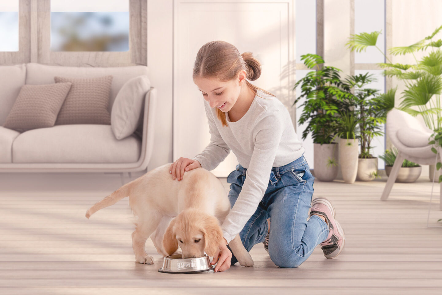 Labradorwelpe wird von einer jungen Frau gefüttert