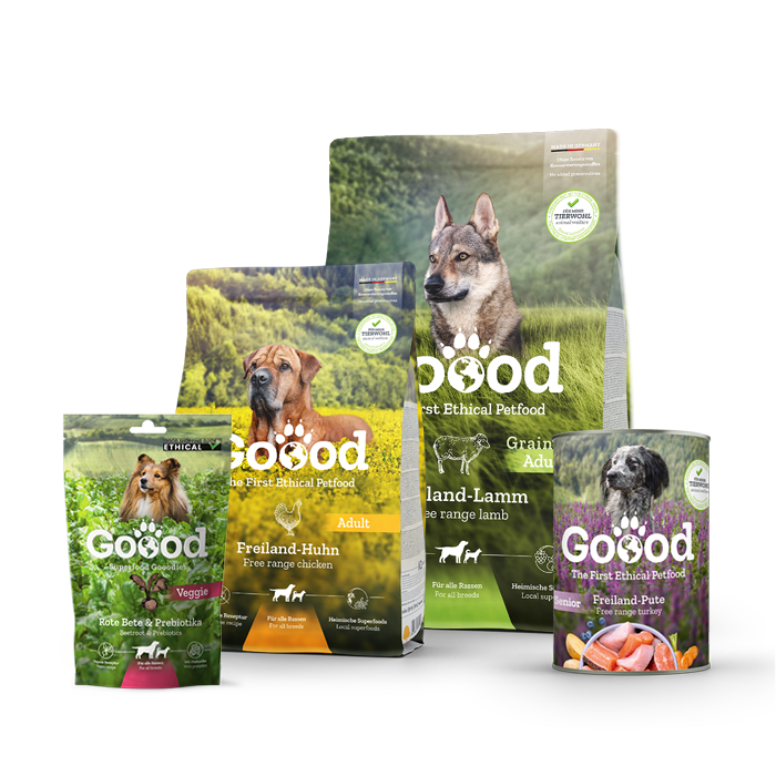 Verschiedene Hundefutter Produkte der Marke Goood.