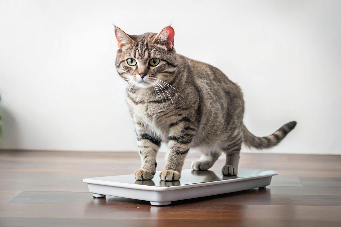 Eine grau getigerte Katze steht auf einer Waage