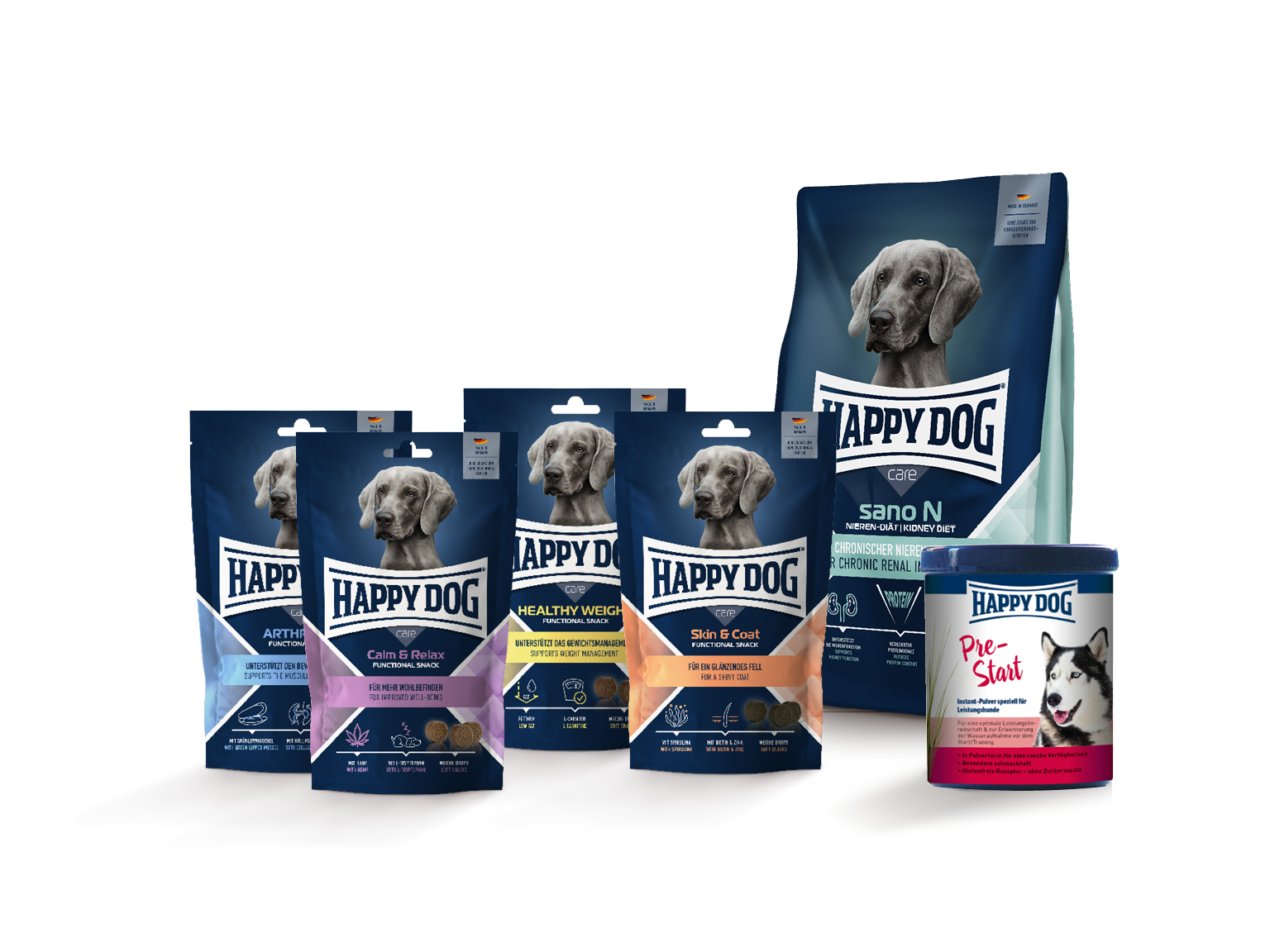 Verschiedene Happy Dog Heimtierfutterprodukte sind in einer Gruppe angeordnet, darunter Trockenfutter und funktionale Snacks, vor einem neutralen Hintergrund.
