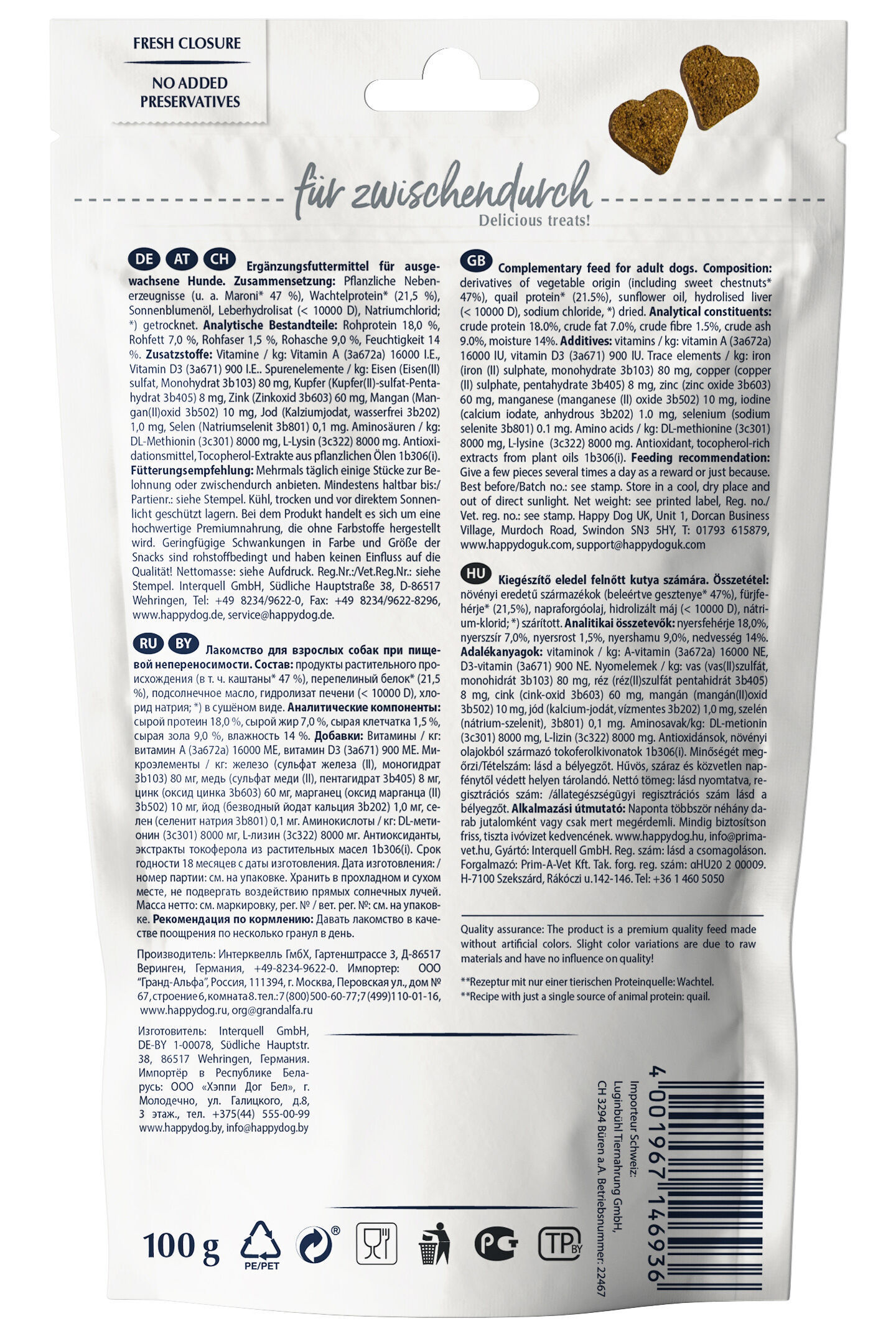 Verpackung eines Ergänzungsfuttermittels für ausgewachsene Hunde. Aufdruck zeigt Texte in mehreren Sprachen mit Angaben zur Zusammensetzung, analytischen Bestandteilen und Zusatzstoffen. Marke Happydog ist hervorgehoben.