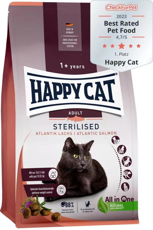 Das Produkt Happy Cat Sterilised Katzen Trockenfutter in der Geschmacksrichtung Lachs wird präsentiert.