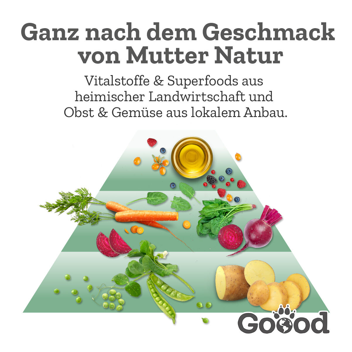 Lebensmittel-Pyramide zeigt verschiedene Obst- und Gemüsesorten sowie Öl. Text: "Ganz nach dem Geschmack von Mutter Natur. Vitalstoffe & Superfoods aus heimischer Landwirtschaft und Obst & Gemüse aus lokalem Anbau." Marke: Goood.