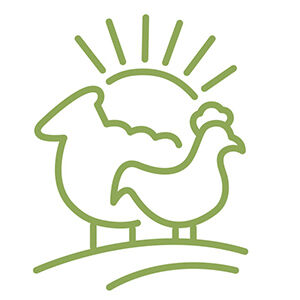 Icon eines Schafs und eines Huhns auf einer Wiese mit Sonneneinstrahlung.