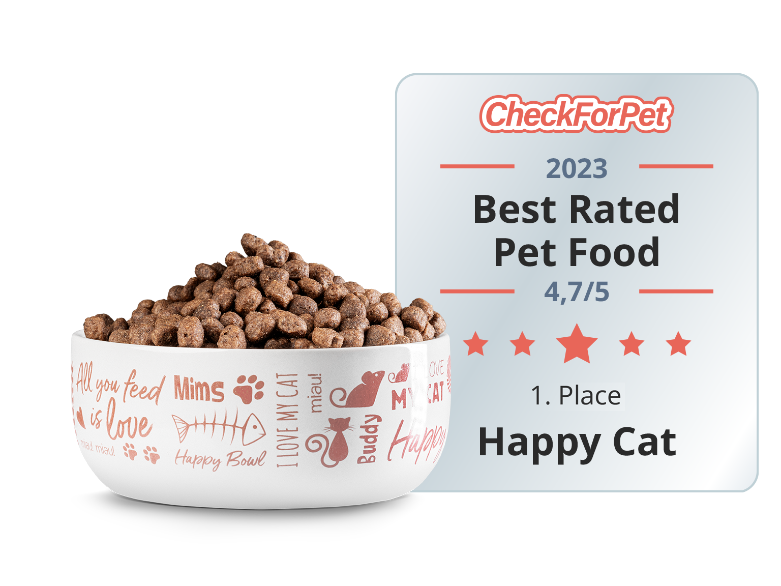 Darstellung eines Napfes mit Katzenfutter. Daneben ist die Auszeichnung von Checkforpet abgebildet.