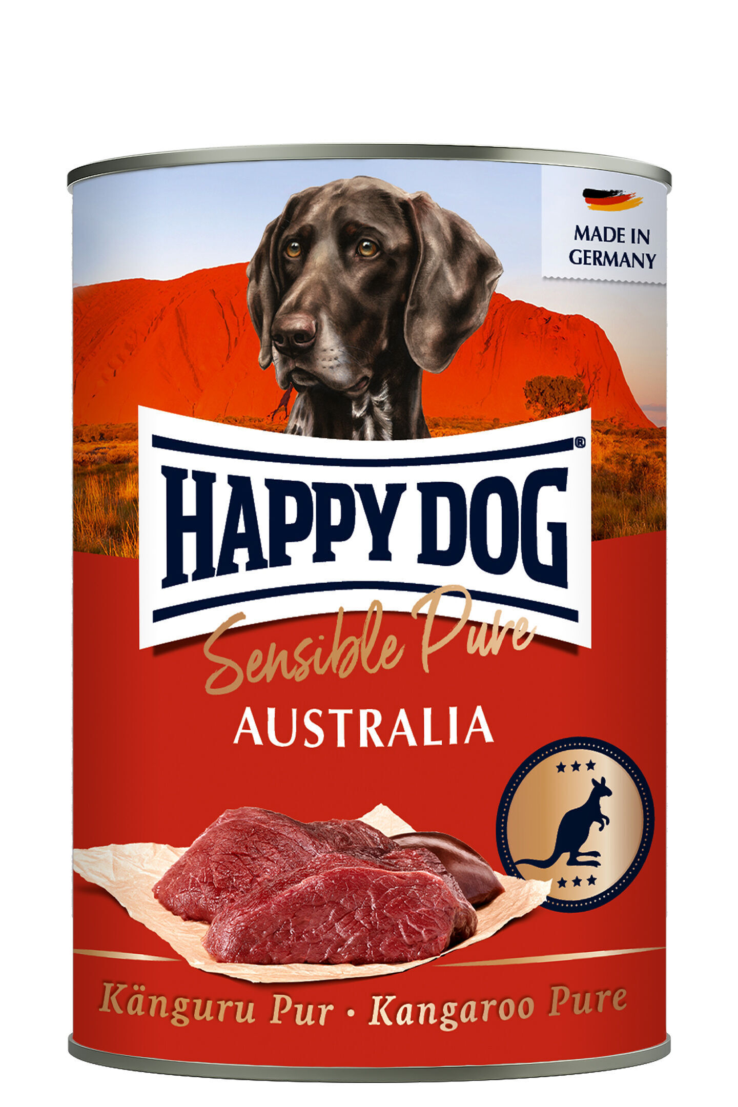 Hundefutterdose mit Bild eines Hundes vor rotem Felsen, Text: "HAPPY DOG Sensible Pure Australia Känguru Pur", hergestellt in Deutschland.