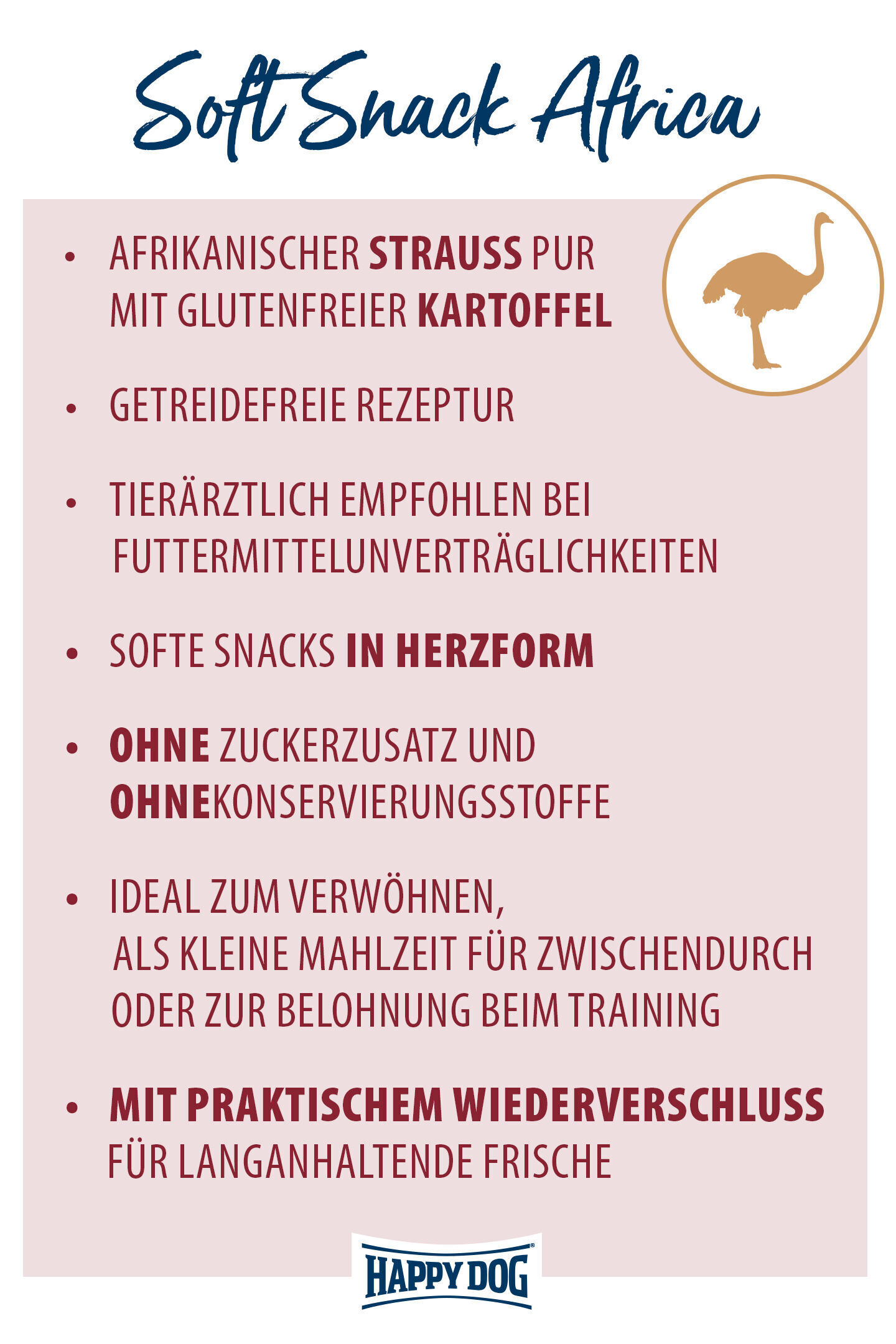 Plakat zu Happydog Soft Snack Africa: Hundeleckerli mit Strauß und glutenfreier Kartoffel, getreidefrei, ohne Zuckerzusatz oder Konservierungsstoffe, herzförmig, ideal bei Futterunverträglichkeiten. Tierärztlich empfohlen, mit Wiederverschluss.