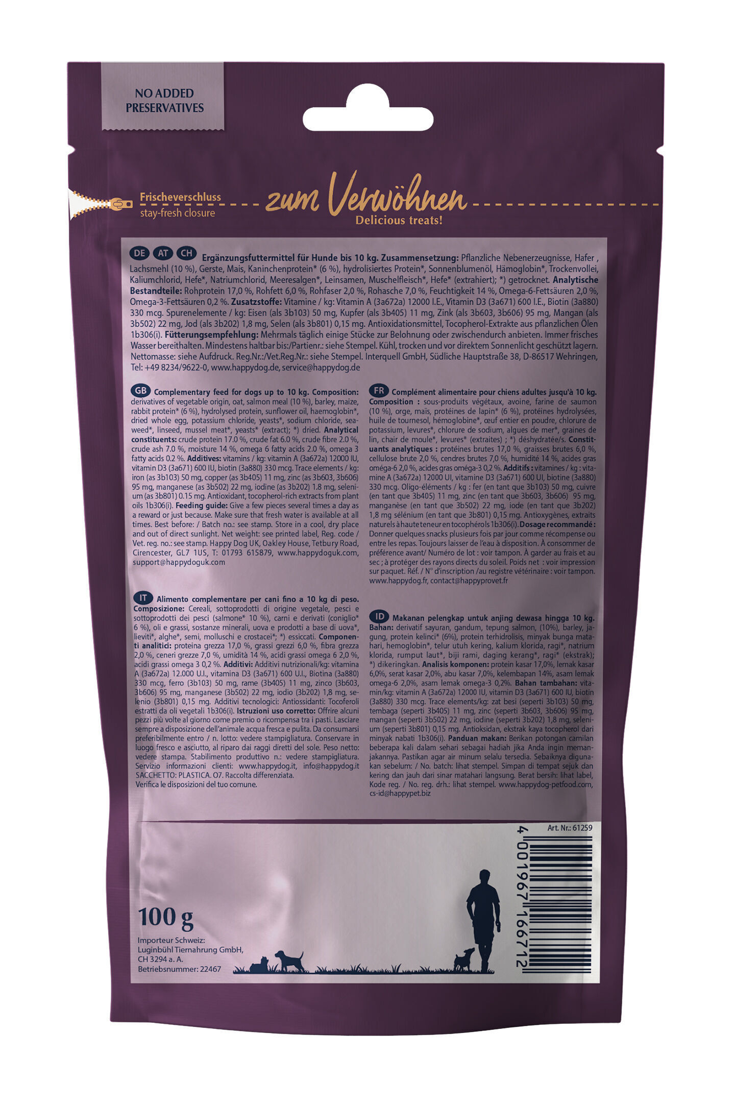 Die Verpackung zeigt ein Ergänzungsfuttermittel für Hunde mit textlichen Details in mehreren Sprachen. Enthält Inhaltsangaben, Fütterungsempfehlungen und Markeninformationen von Happydog.