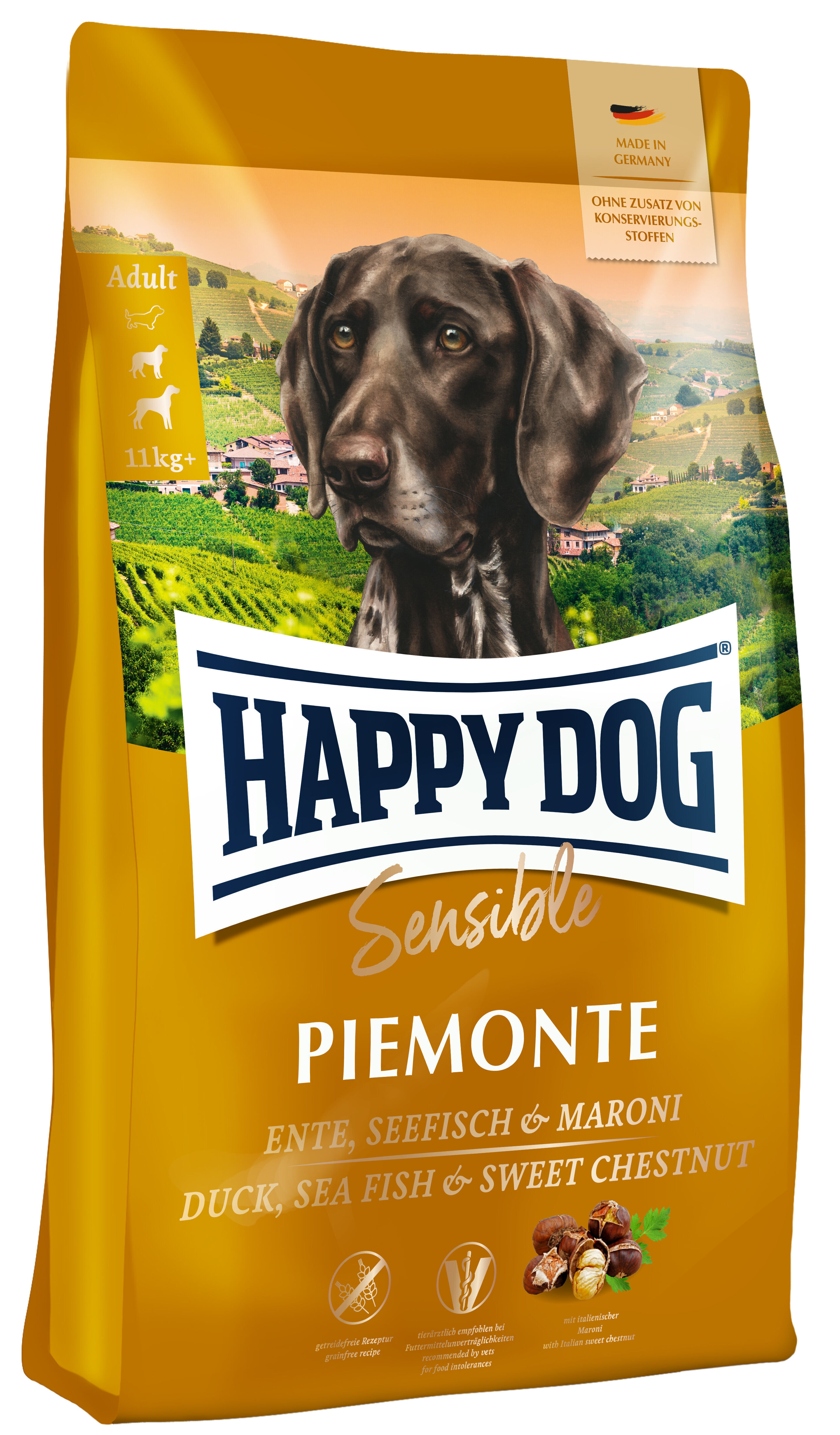 Sensible Piemonte Hundefutterbeutel von Happydog mit Abbildung eines Hundes vor Landschaft. Text: "Sensible Piemonte", "Ente, Seefisch & Maroni", "Made in Germany", "Ohne Zusatz von Konservierungsstoffen".