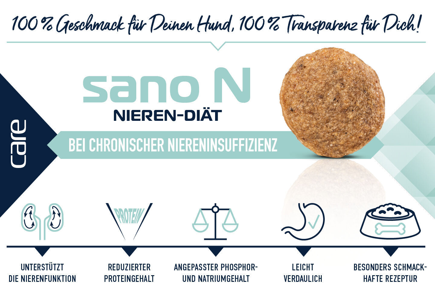 Eine runde Hundekrokette wird präsentiert, umgeben von Text: „100 % Geschmack für Deinen Hund, 100 % Transparenz für Dich! sano N Nieren-Diät bei chronischer Niereninsuffizienz“.