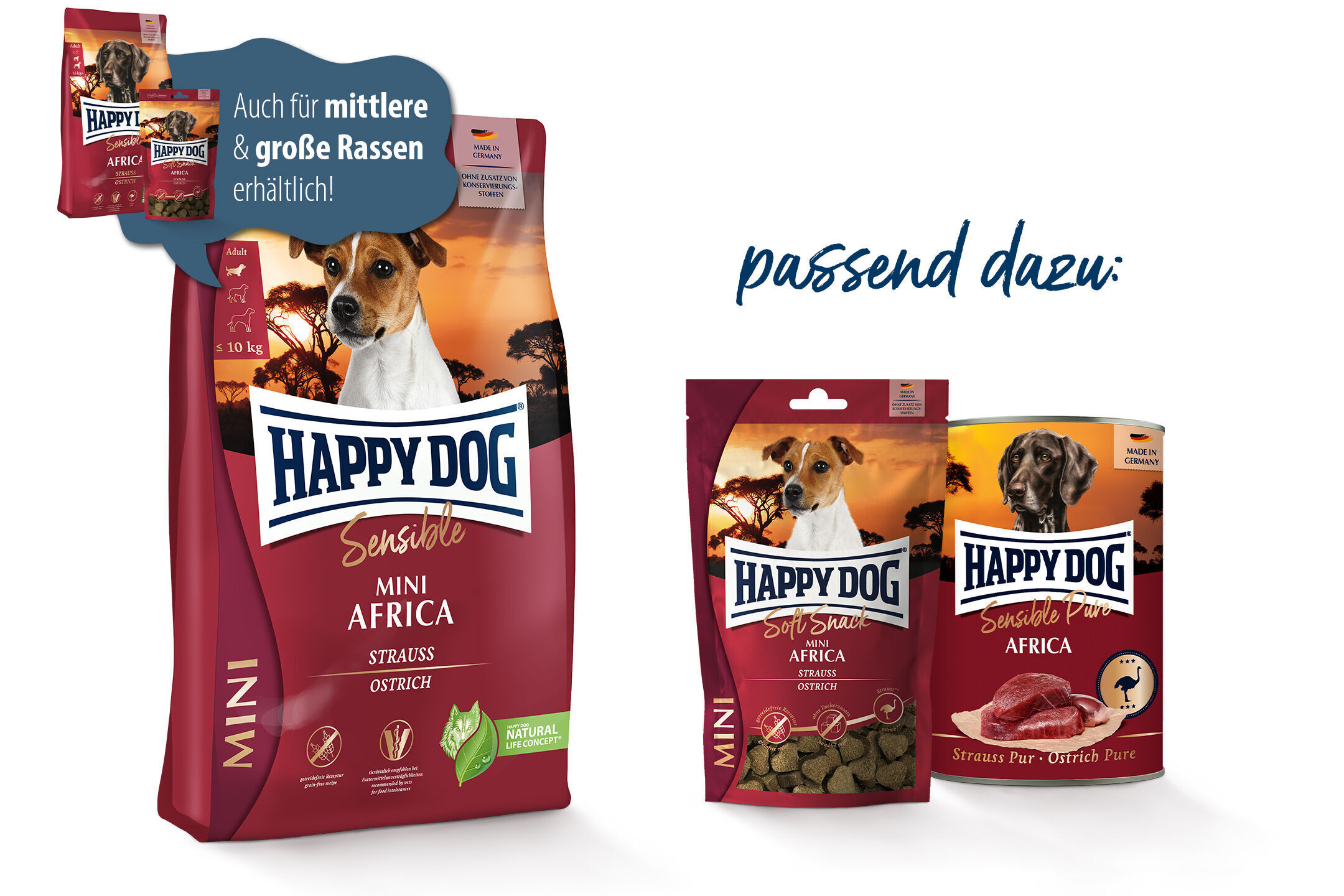 Hunde-Trockenfutter und Snacks von Happydog mit Strauss-Geschmack, Verpackung zeigt Hunde und afrikanische Landschaft. Text: „Auch für mittlere & große Rassen erhältlich!“ und „passend dazu“.