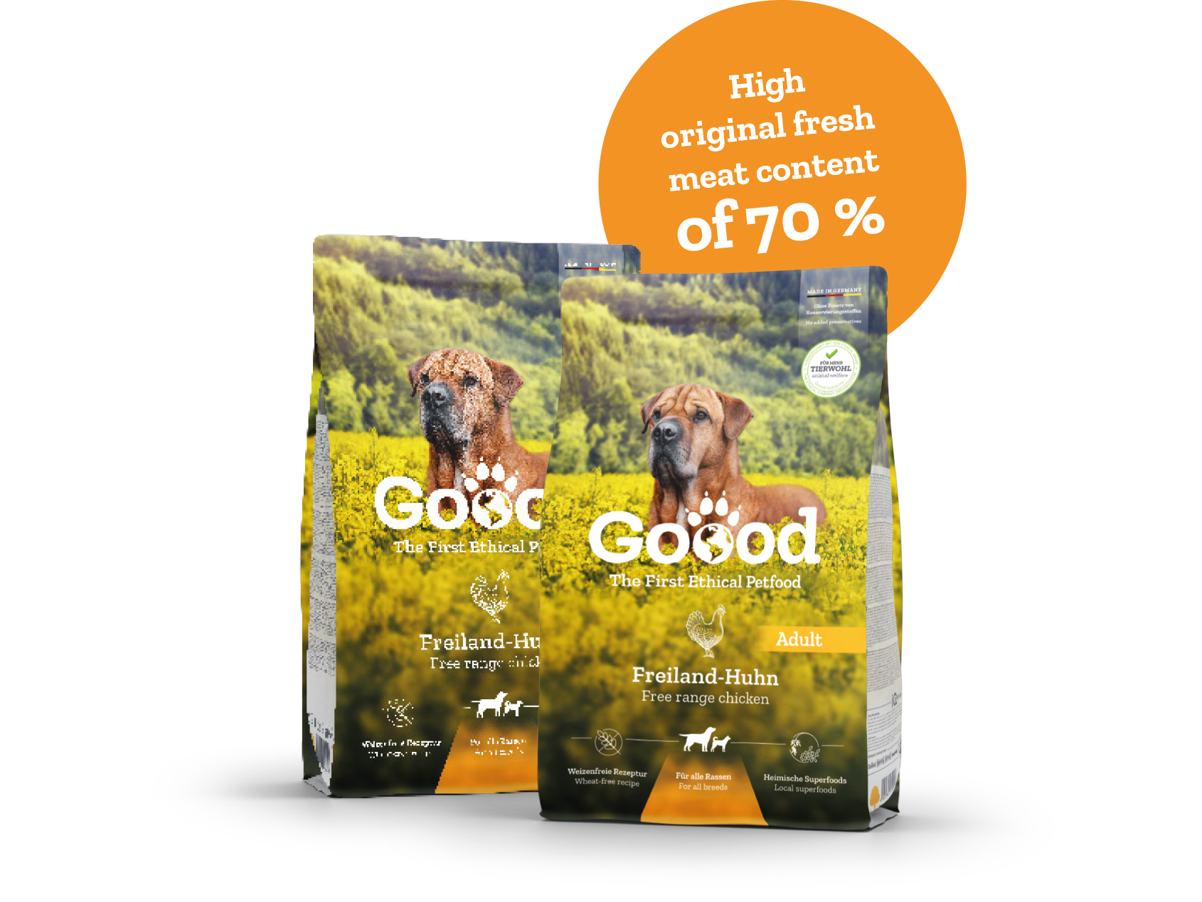 Darstellung von zwei Futtersacken von Goood in der Sorte Huhn.